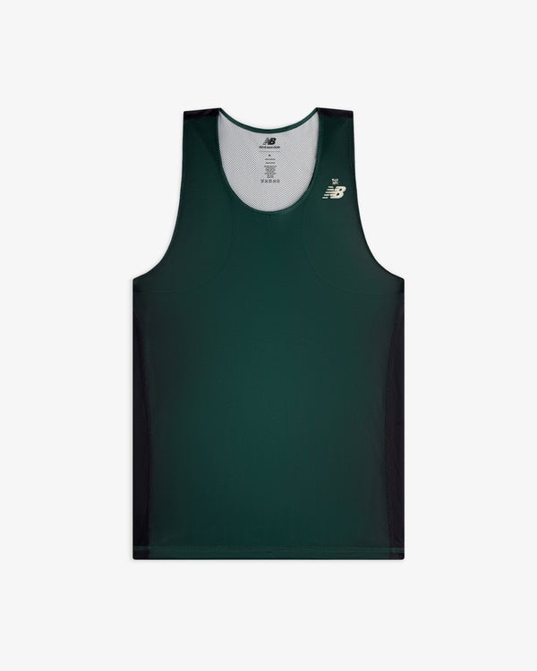 ALD / New Balance Running Gradient Singlet in dark green with black sides and small logo on left chest.