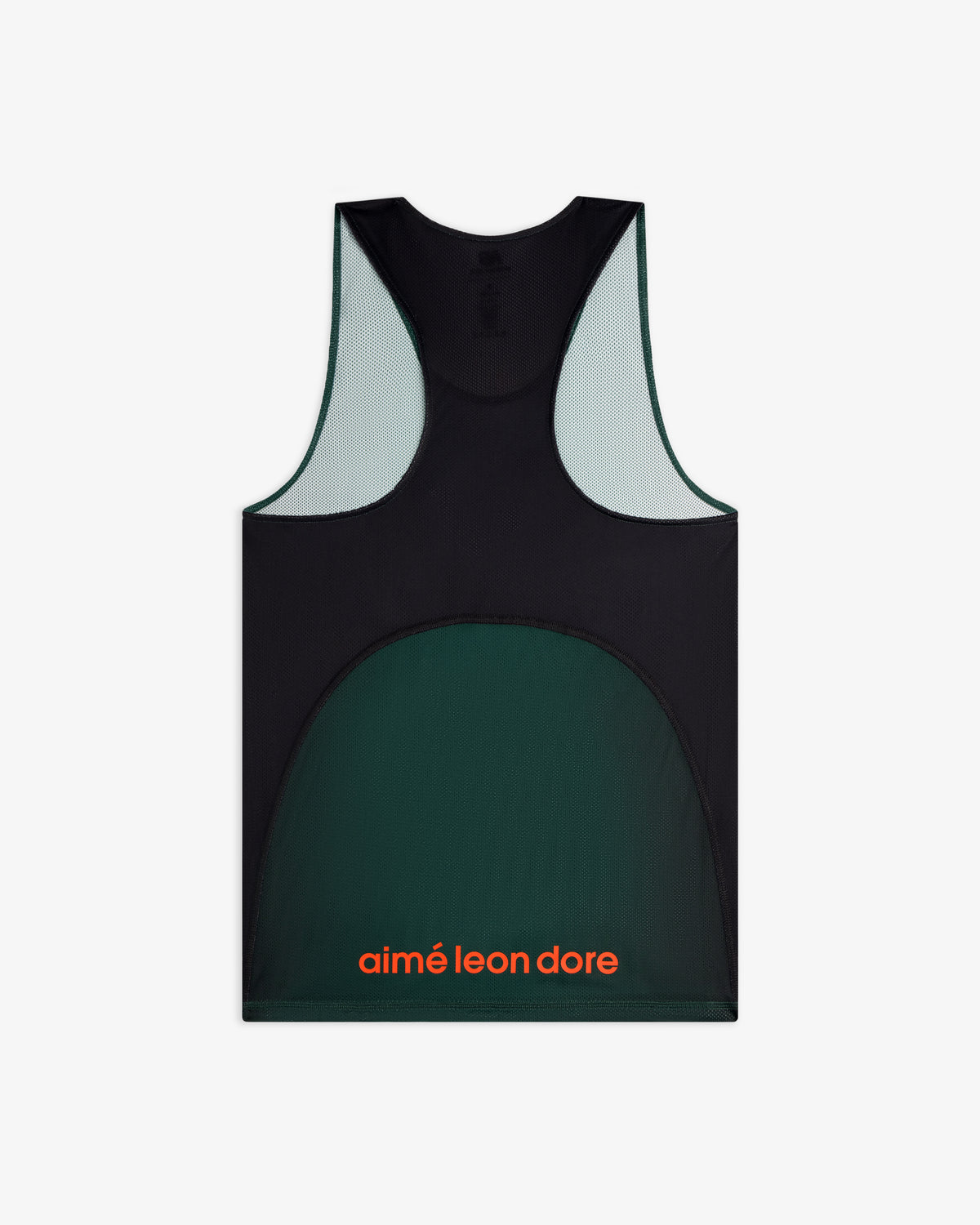Dark green and black ALD / New Balance Running Gradient Singlet with orange aimé leon dore text on the lower back.