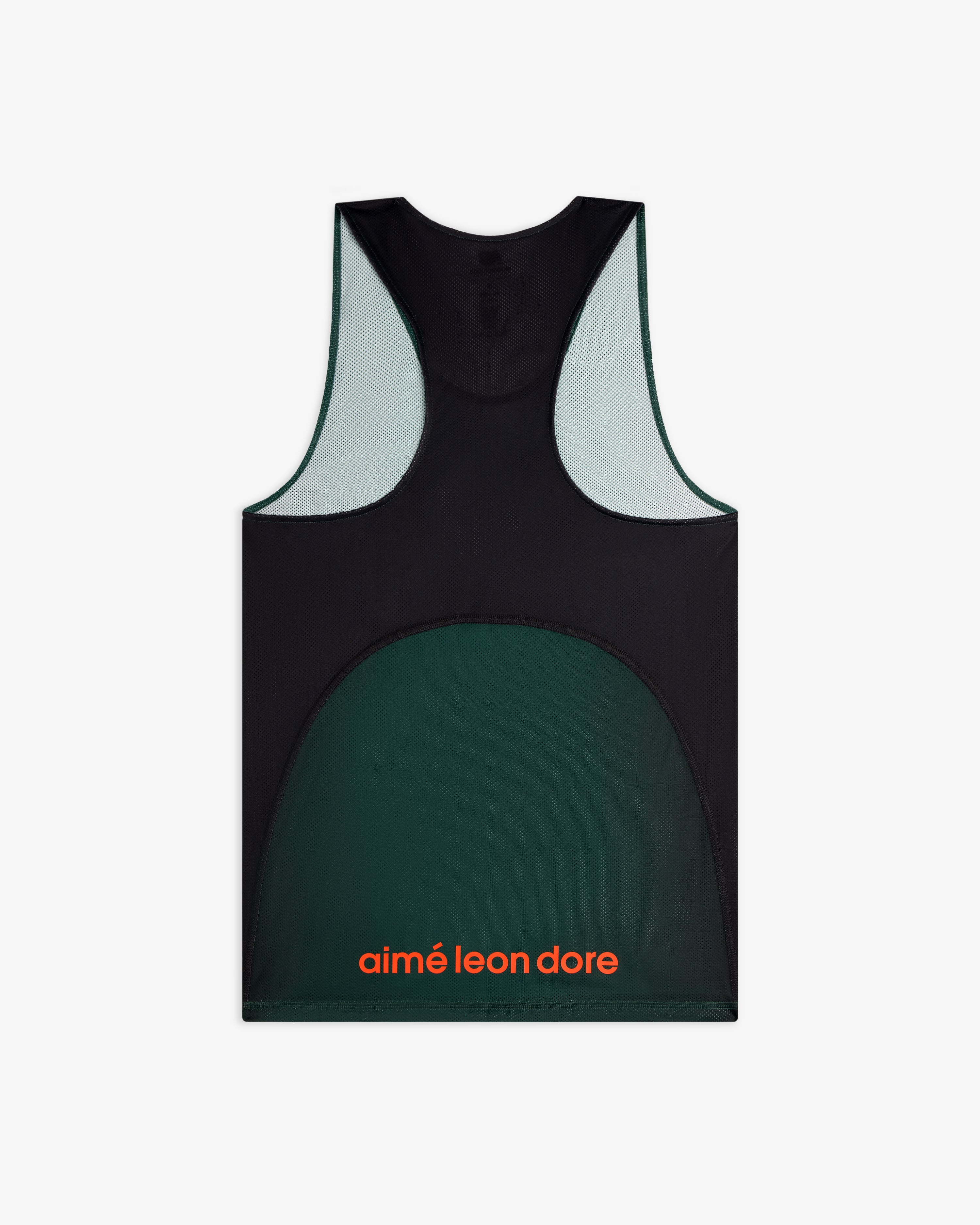 Dark green and black ALD / New Balance Running Gradient Singlet with orange aimé leon dore text on the lower back.