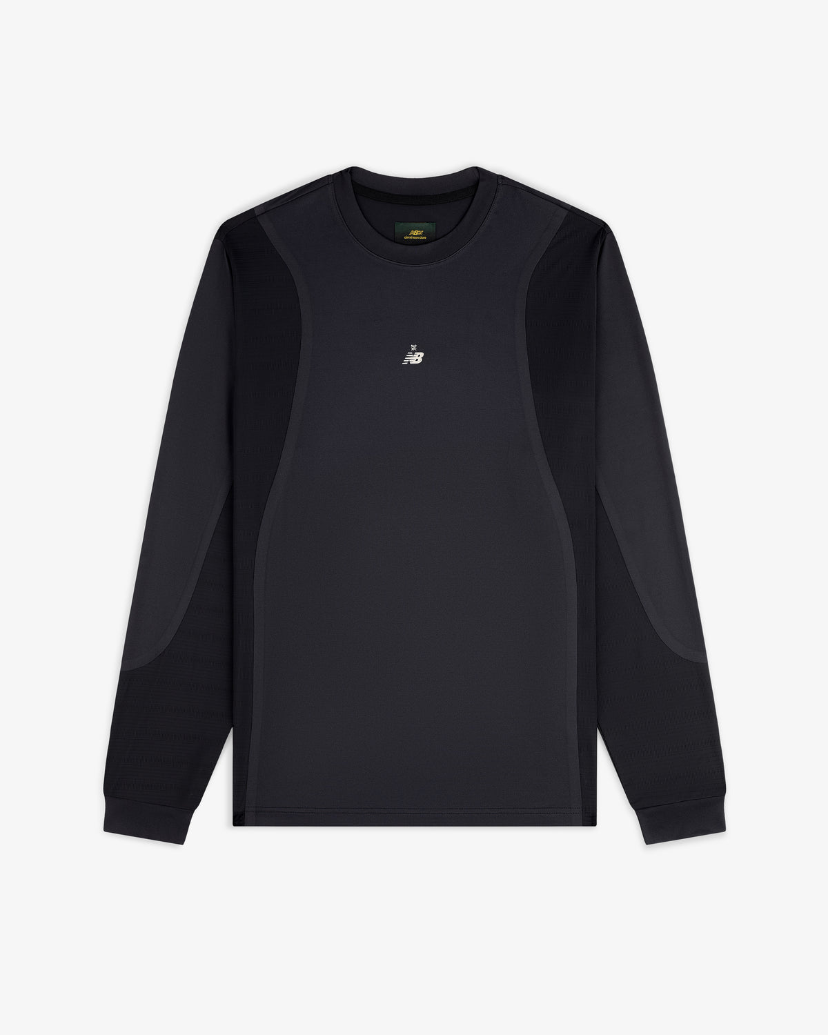 ALD / New Balance Performance Long-Sleeve Tee in black with subtle panels and white chest logo, shown on white background.