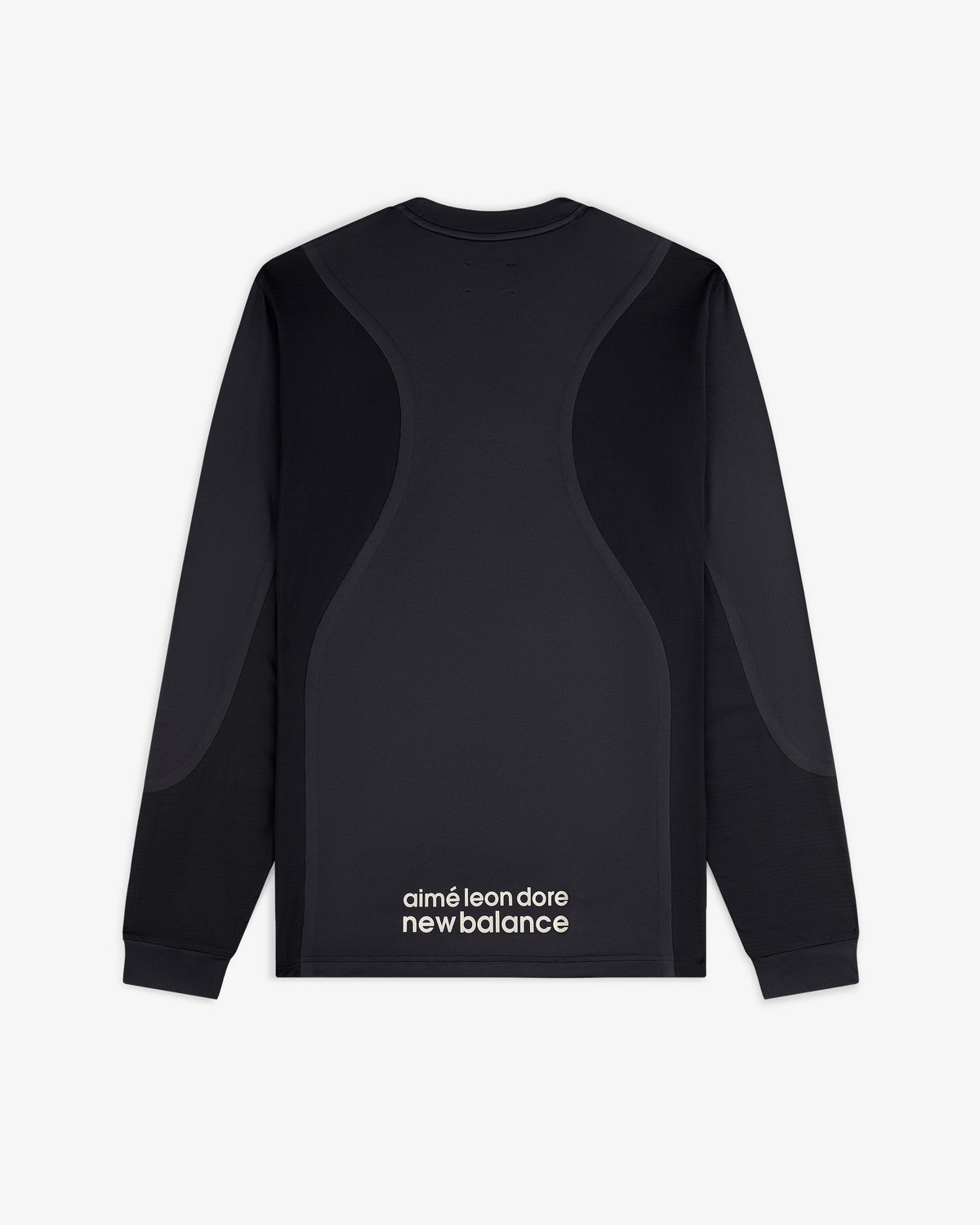 ALD / New Balance Performance Long-Sleeve Tee in black with curved seams and logo text at the lower back.