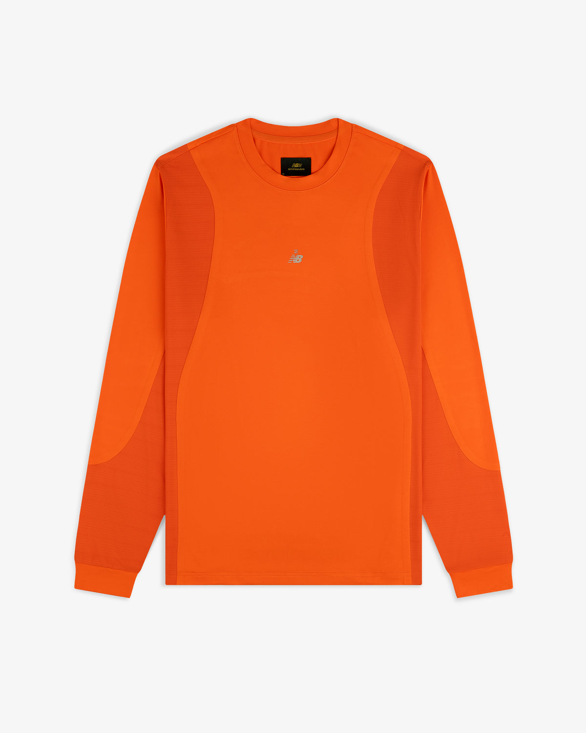 ALD / New Balance Performance Long-Sleeve Tee in bright orange with panel details and a small white chest logo.