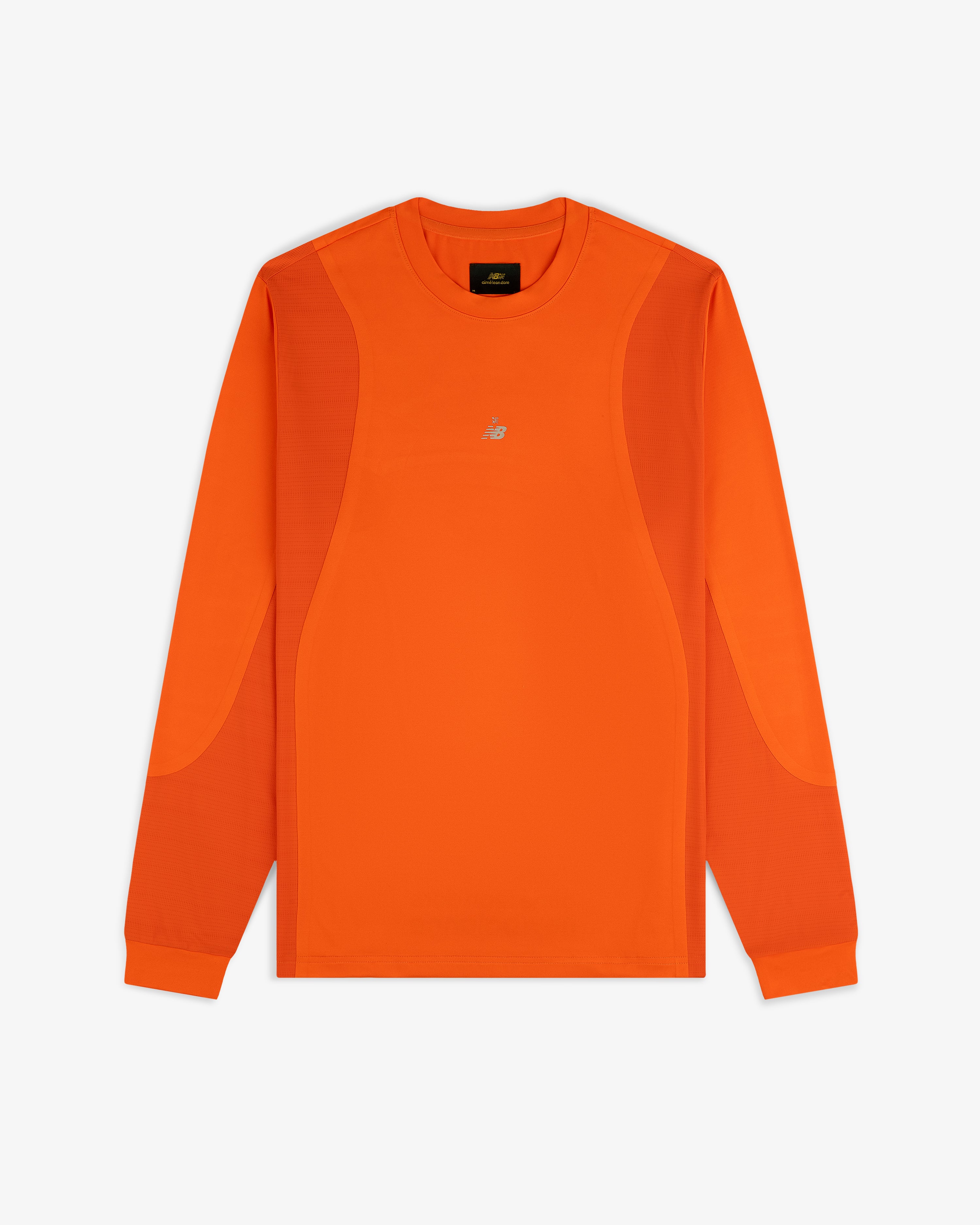 ALD / New Balance Performance Long-Sleeve Tee in bright orange with panel details and a small white chest logo.