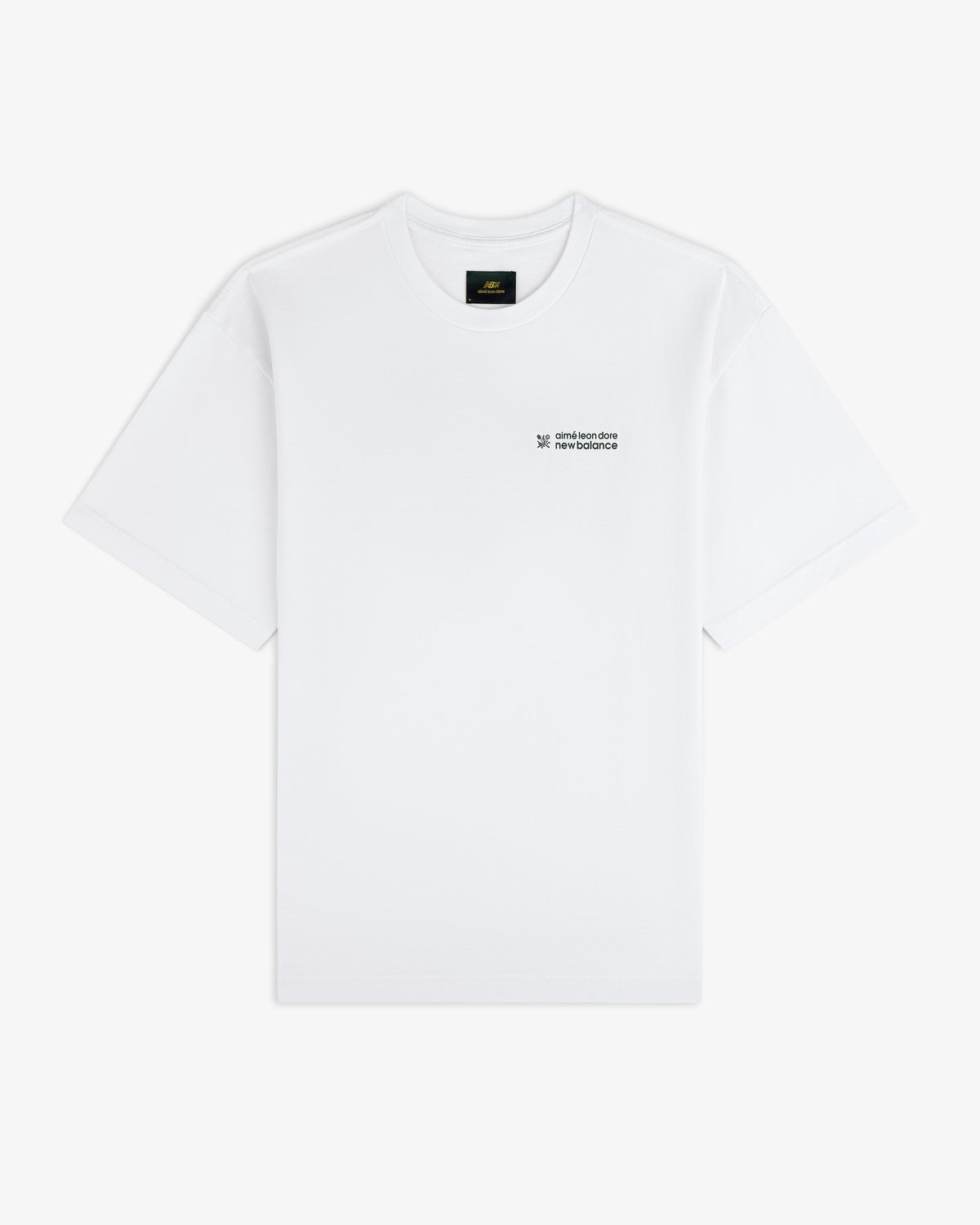 ALD / New Balance Running Bib Tee, plain white with small black logo and text on left chest, shown on white background.