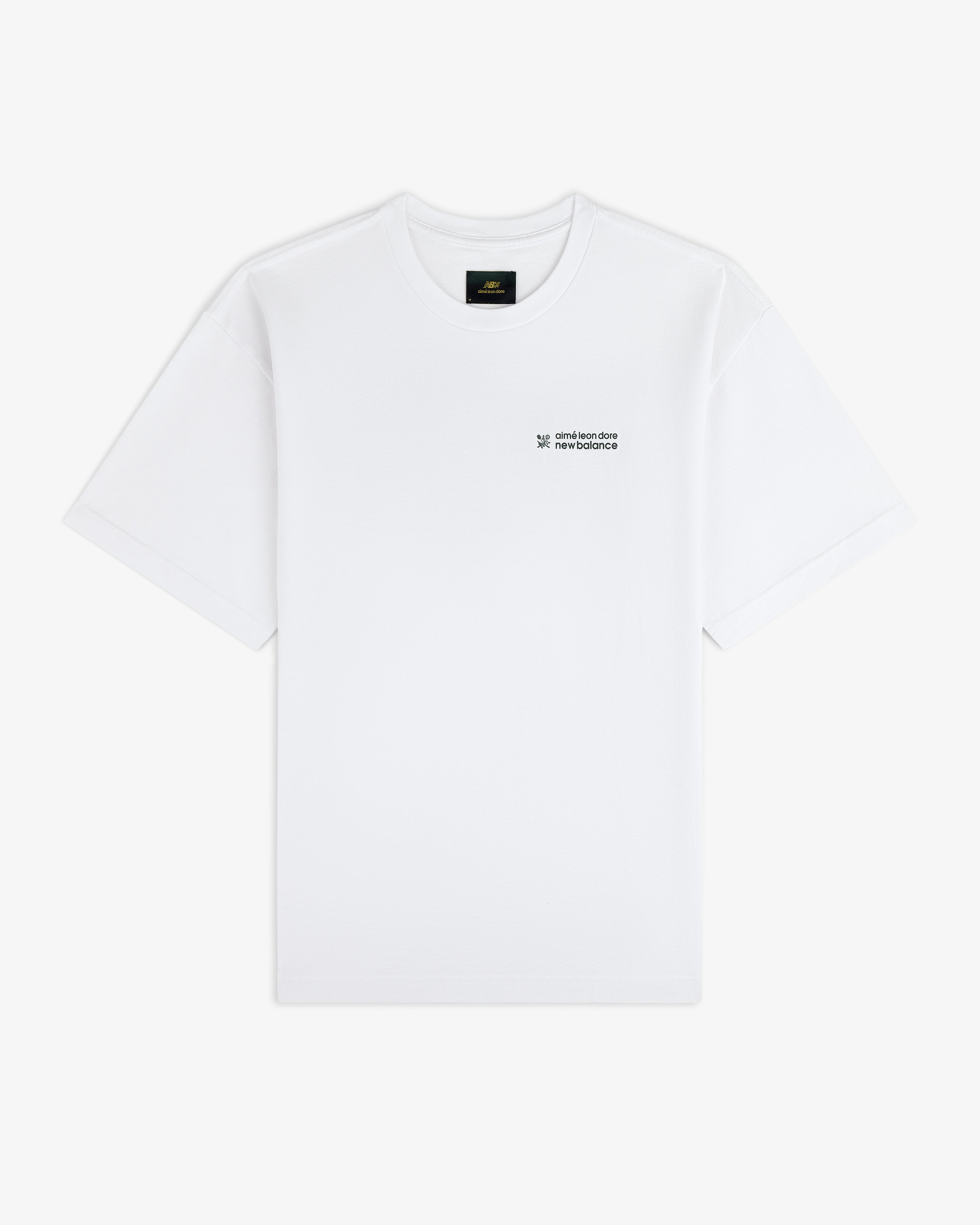 ALD / New Balance Running Bib Tee, plain white with small black logo and text on left chest, shown on white background.