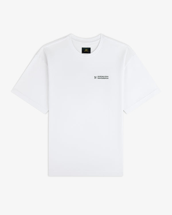 ALD / New Balance Running Bib Tee, plain white with small black logo and text on left chest, shown on white background.
