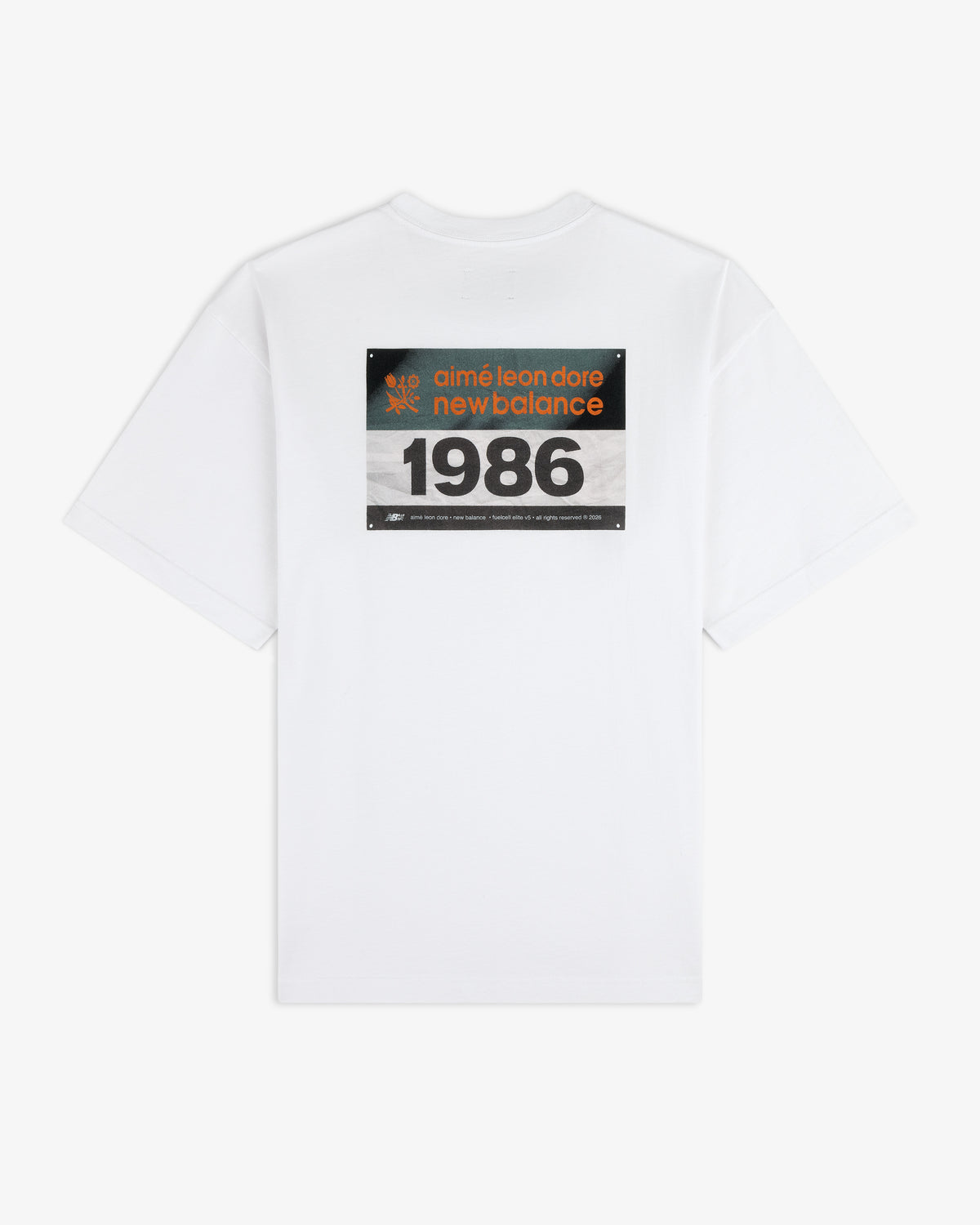 ALD / New Balance Running Bib Tee features a bold rectangular graphic on the back with brand and year details.