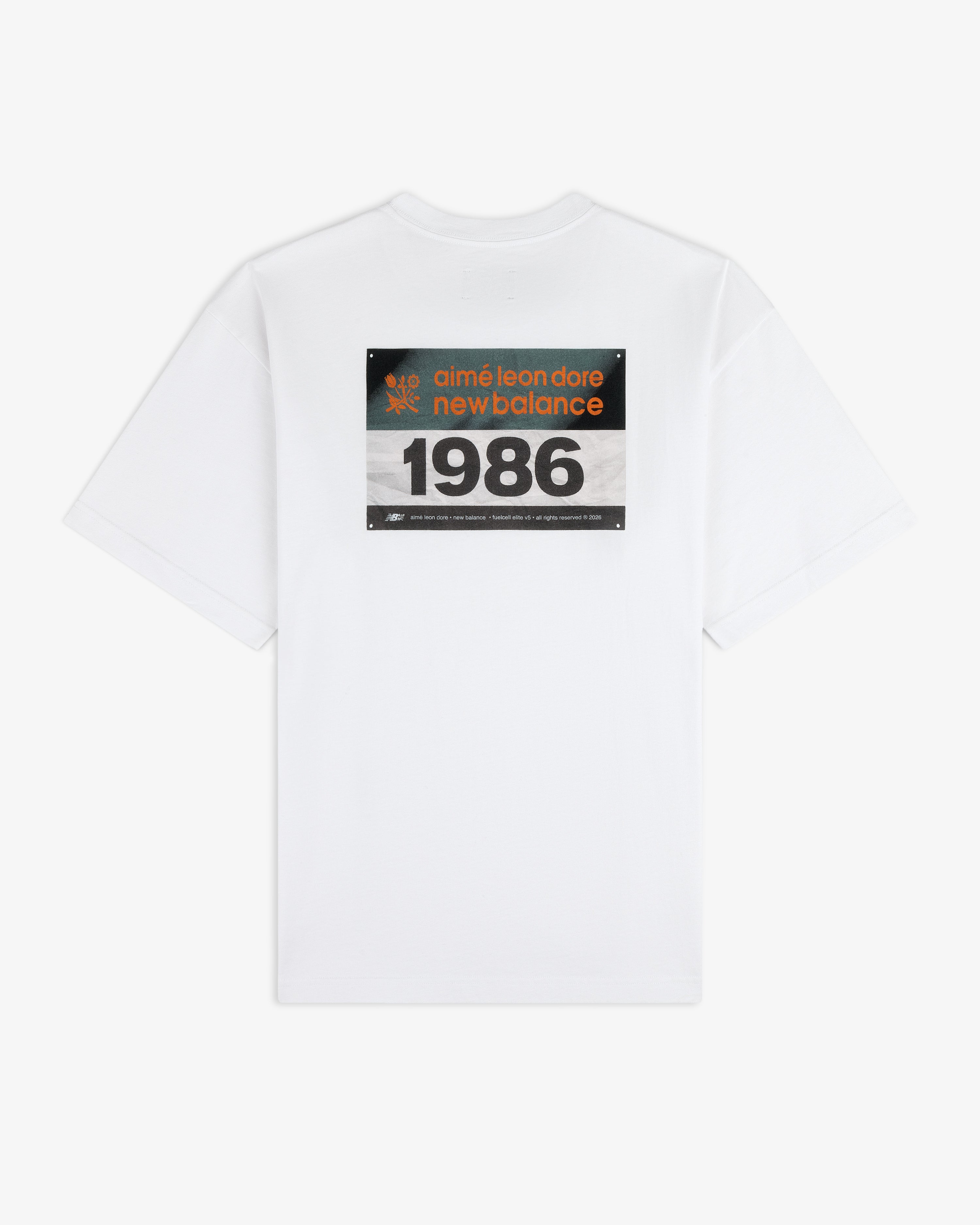 ALD / New Balance Running Bib Tee features a bold rectangular graphic on the back with brand and year details.