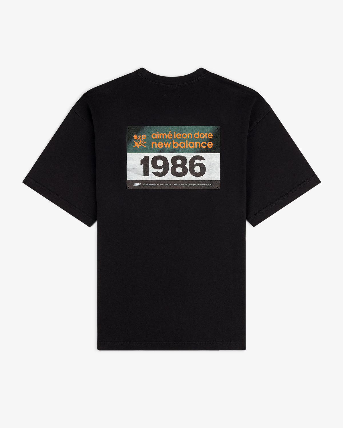 ALD / New Balance Running Bib Tee features a black color and racing bib graphic printed on the back.