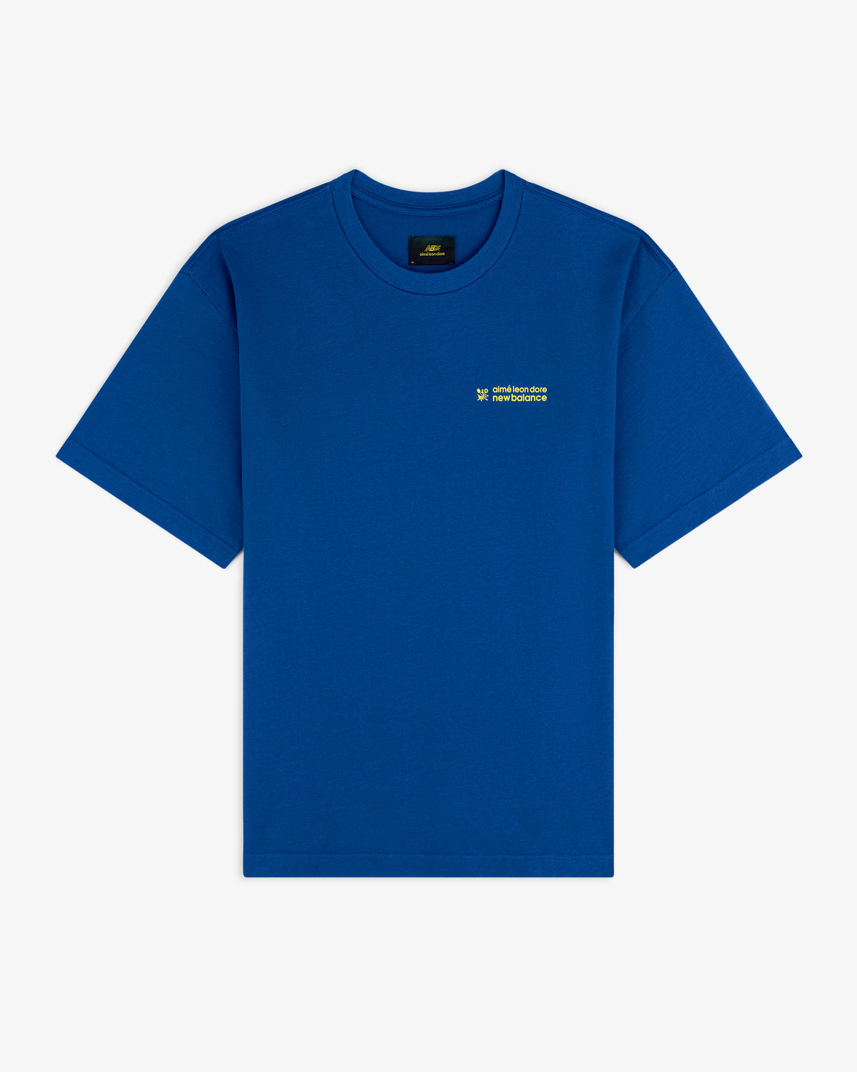 ALD / New Balance Running Bib Tee in blue with small yellow-green chest text, displayed flat on a white background.