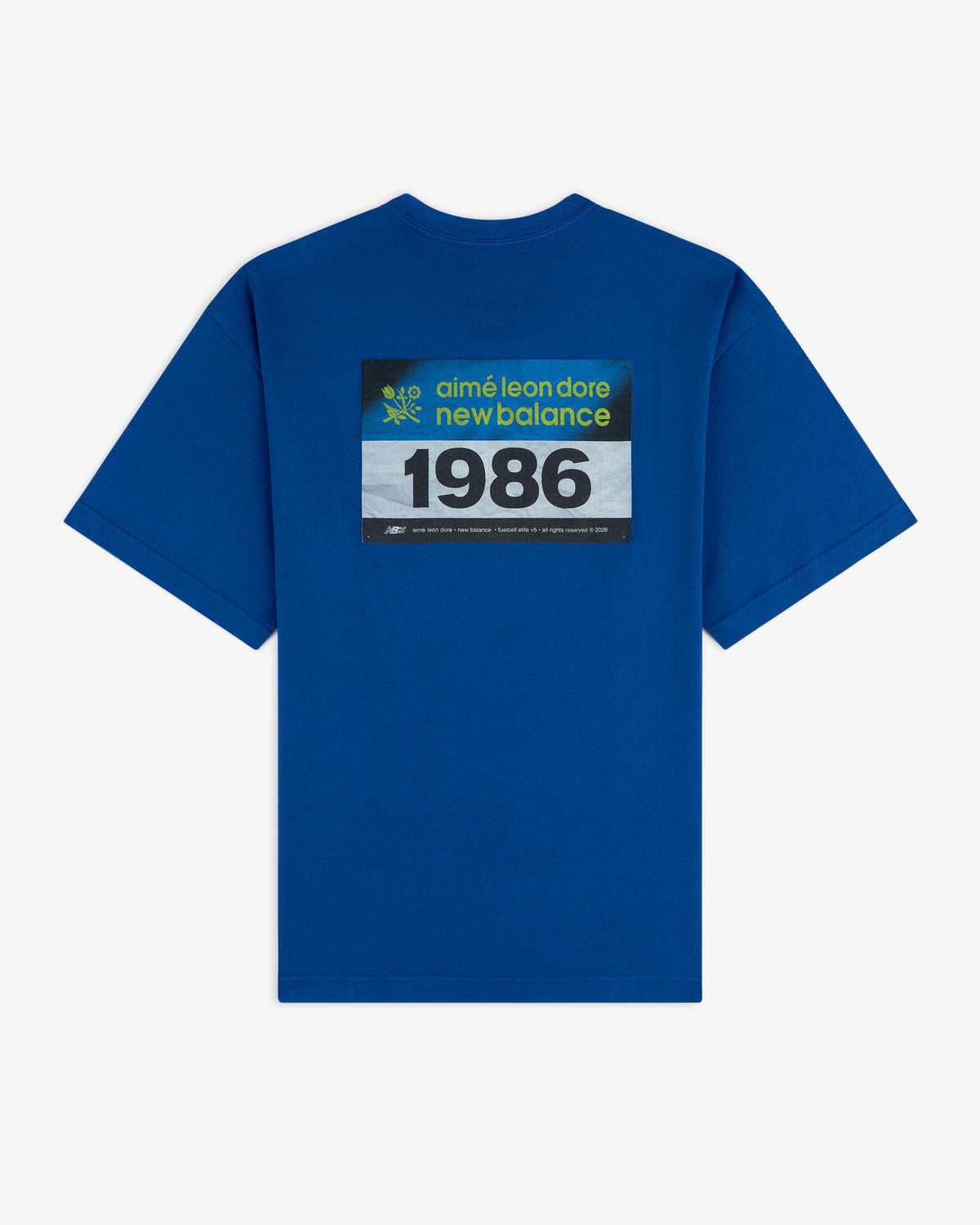 ALD / New Balance Running Bib Tee: Blue T-shirt with a black rectangular graphic on the back.