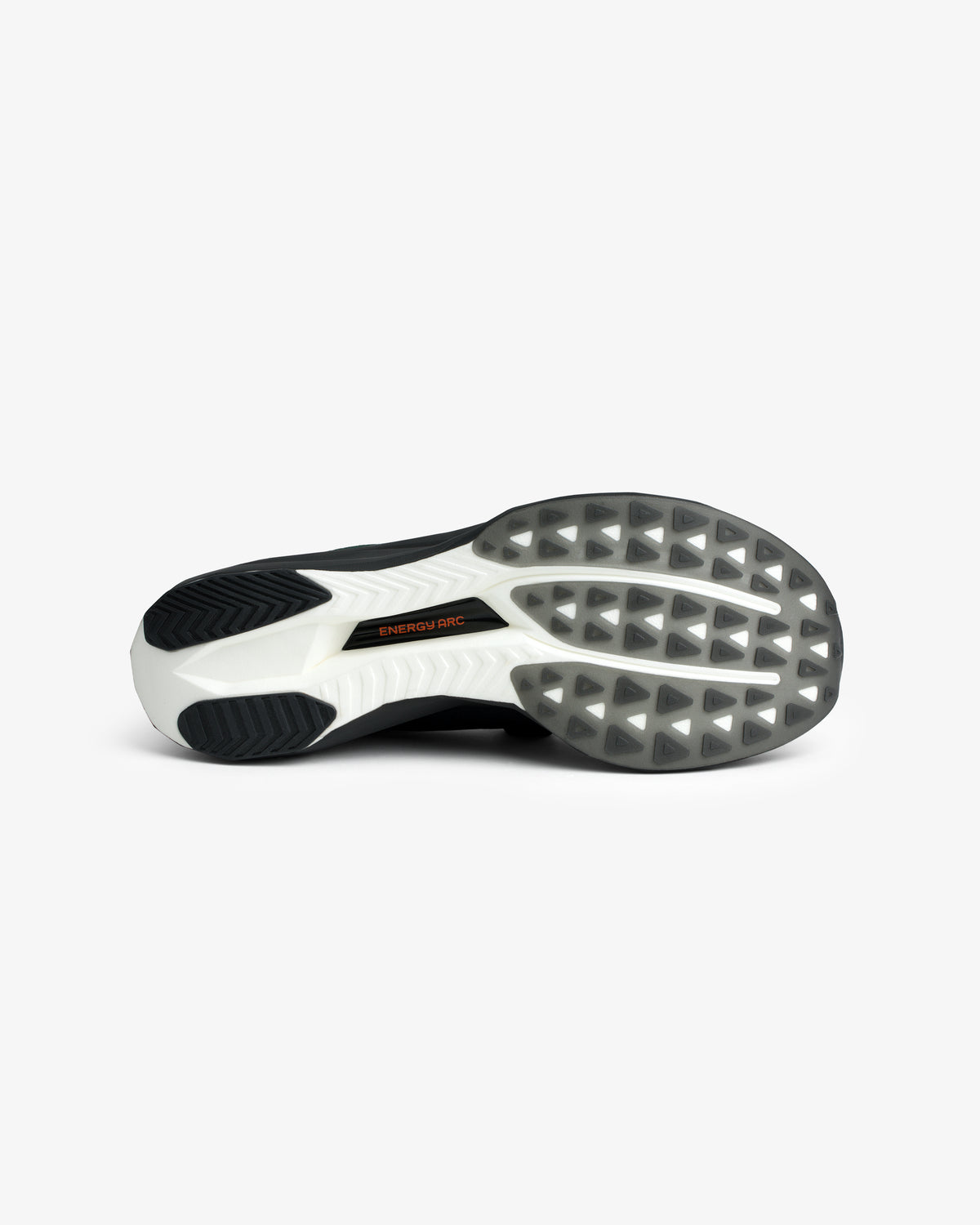 Bottom view of ALD / New Balance FuelCell SuperComp Elite v5 with black and white sole, triangle pattern, and Energy Arc text.