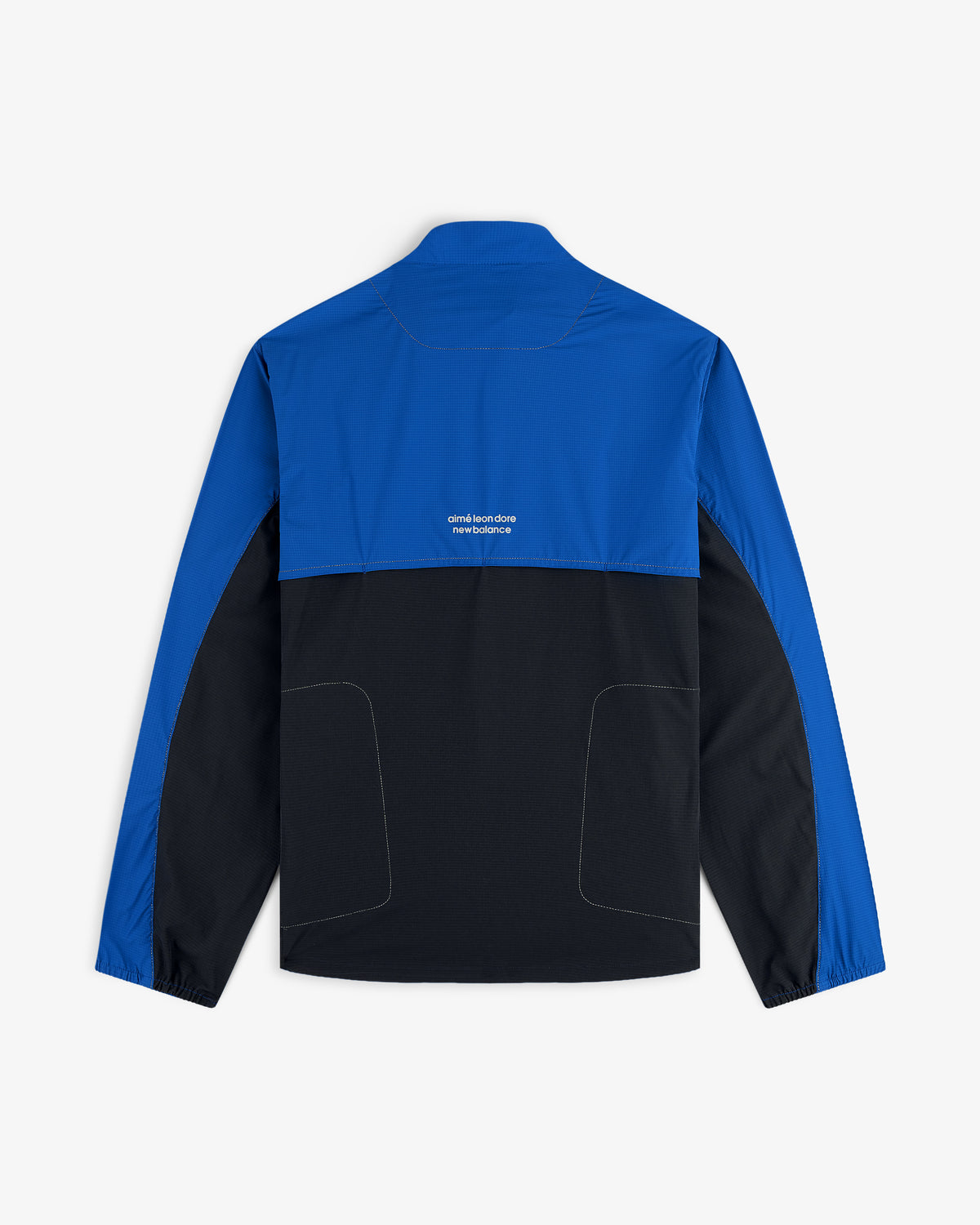 ALD / New Balance Performance Nylon Jacket shown from the back with blue upper, black lower, and white text.