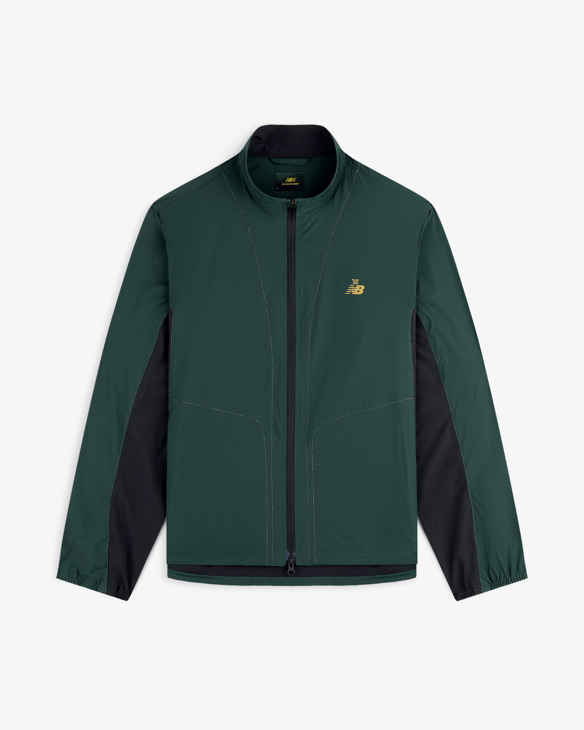 Dark green and black ALD / New Balance Performance Nylon Jacket with long sleeves and a gold chest logo.