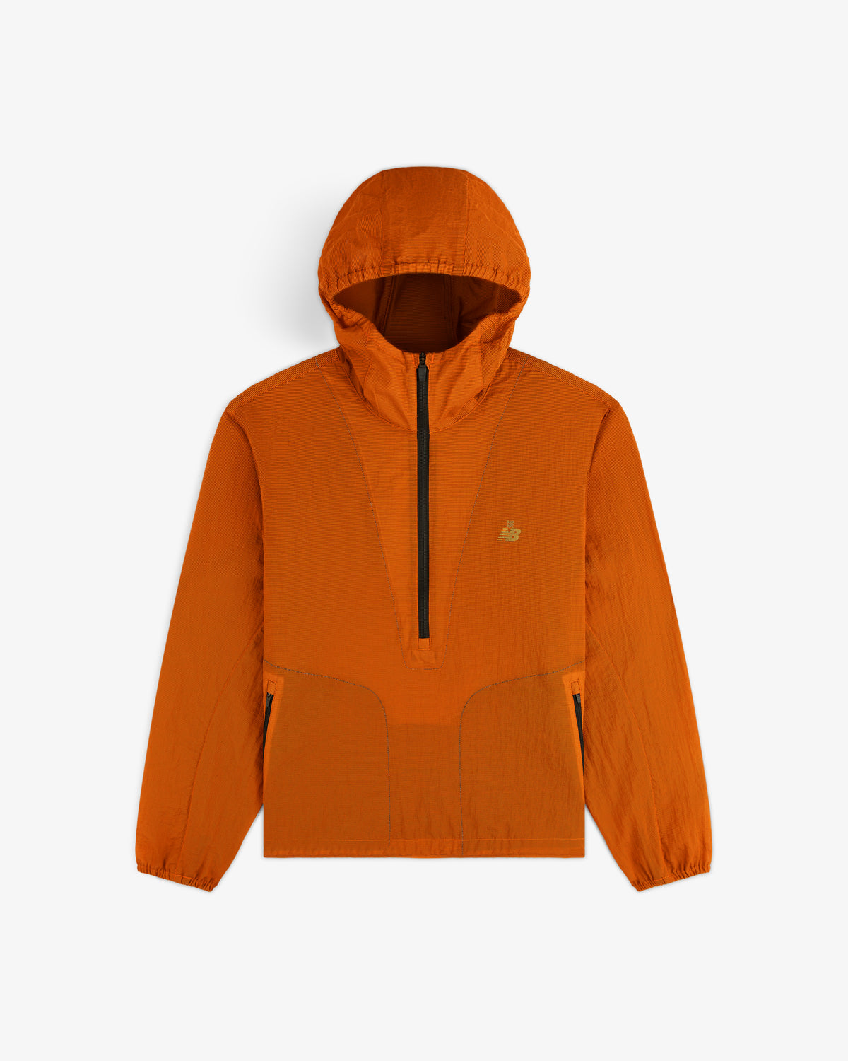ALD / New Balance Breathable Half-Zip Pullover in bright orange, with front pockets and elastic cuffs, on white background.