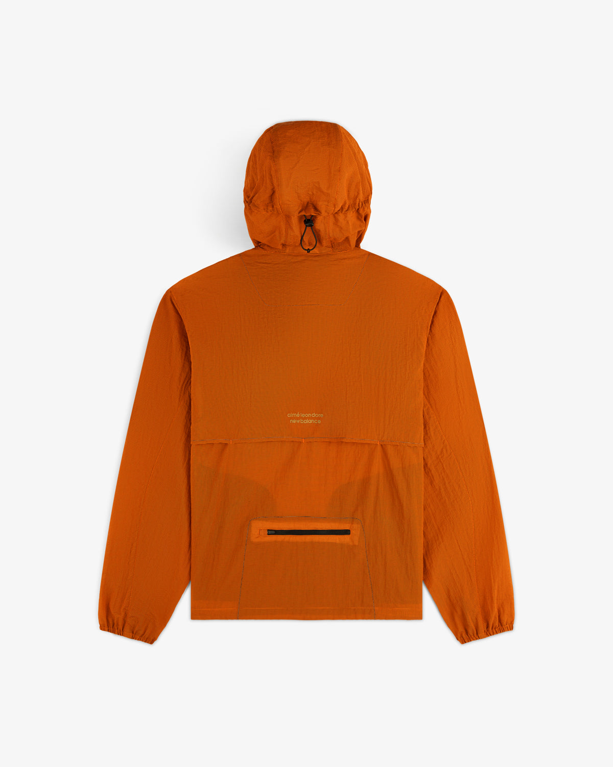 Back view of ALD / New Balance Breathable Half-Zip Pullover in orange, with center pocket and elastic cuffs on white.