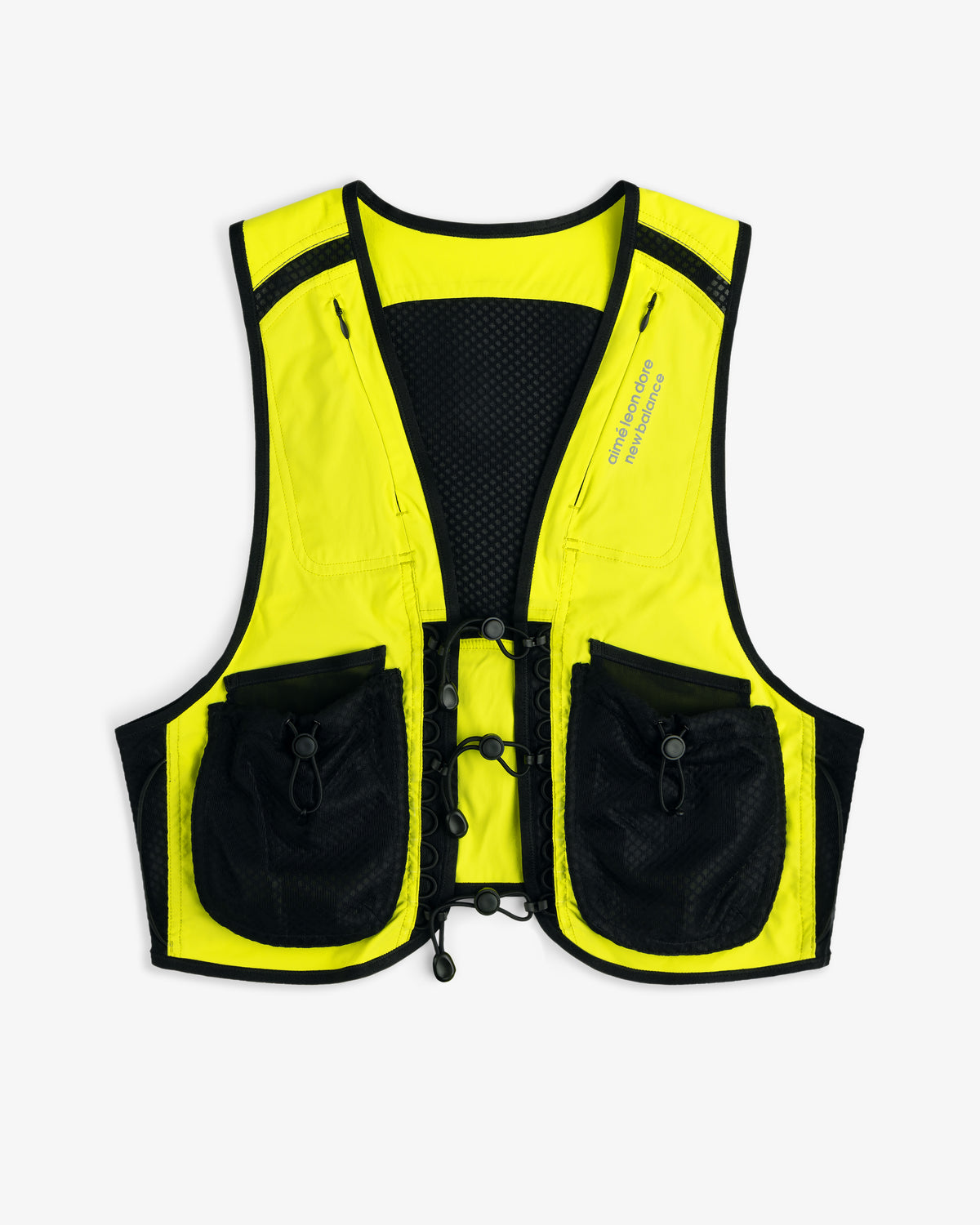 The ALD / New Balance Hydrovest is neon yellow with black trim and two large front pockets, shown on a white background.