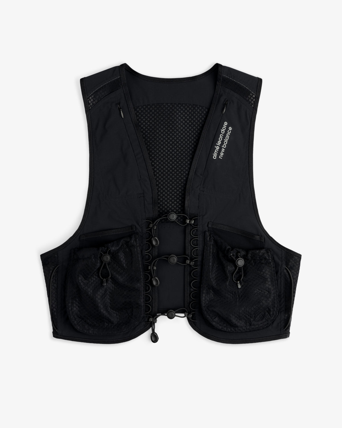 The ALD / New Balance Hydrovest is black with front mesh panels, adjustable cords, and two large zippered side pockets.