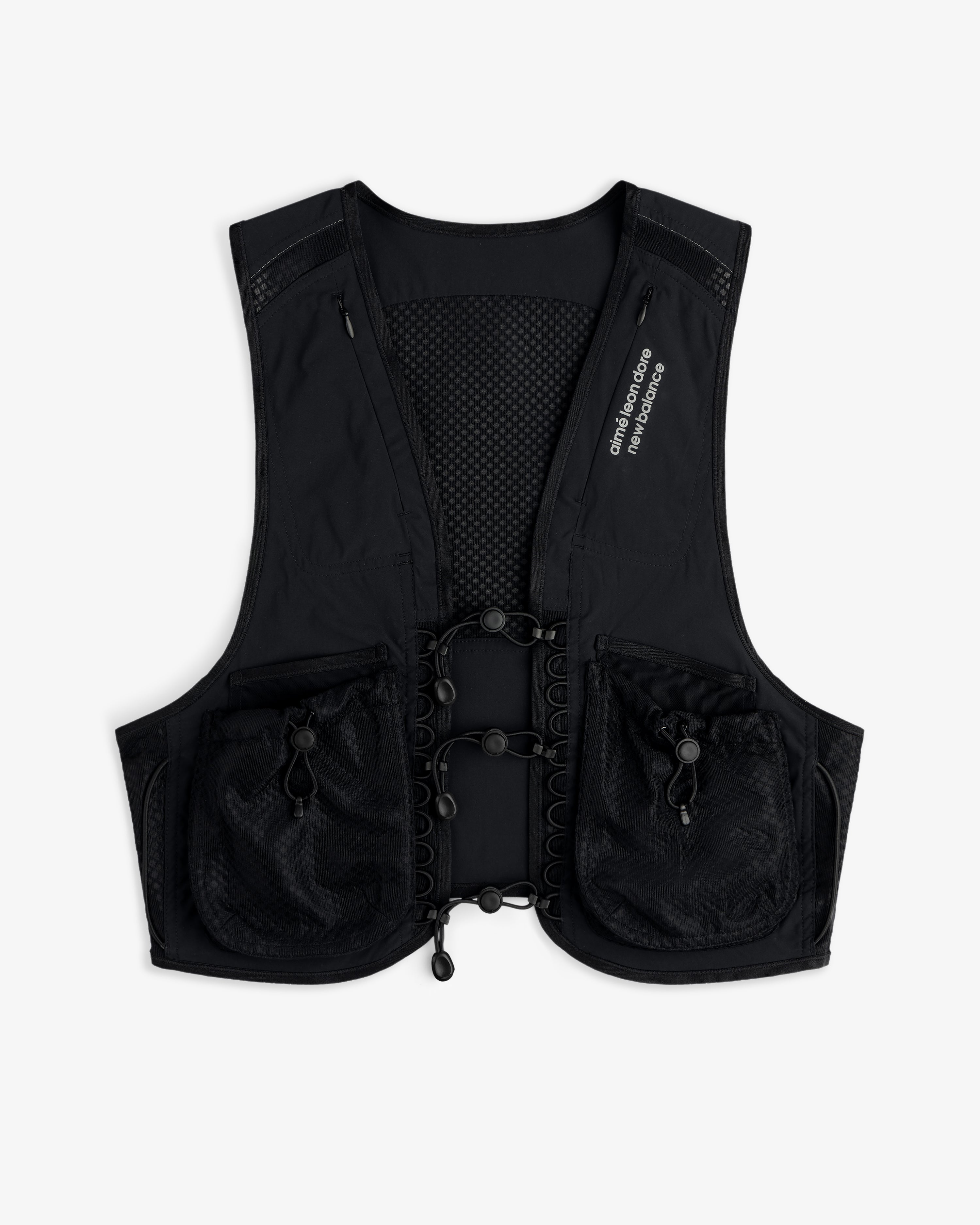 The ALD / New Balance Hydrovest is black with front mesh panels, adjustable cords, and two large zippered side pockets.