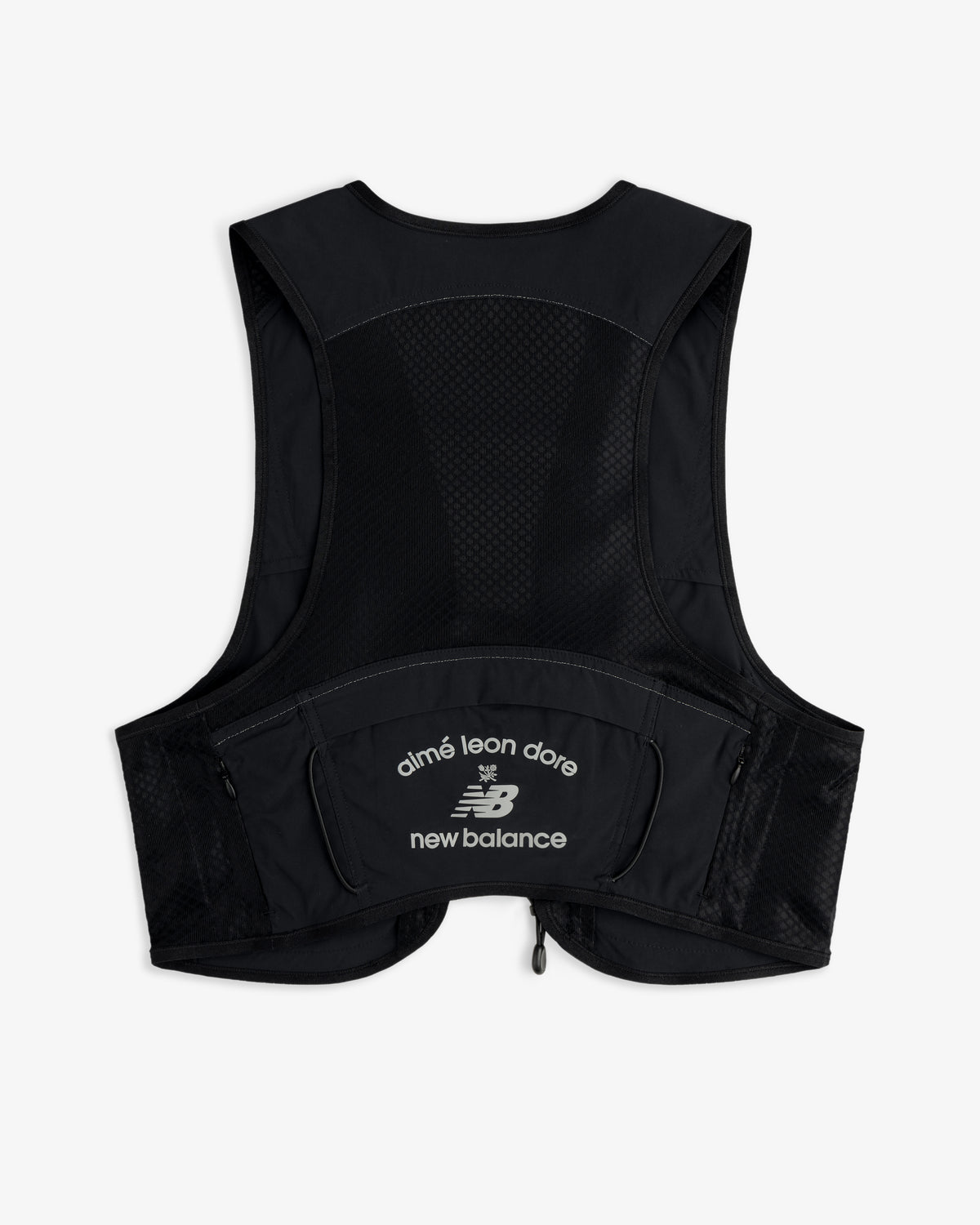 The ALD / New Balance Hydrovest is a black mesh utility vest with a zip pocket and co-branded logos on the back.