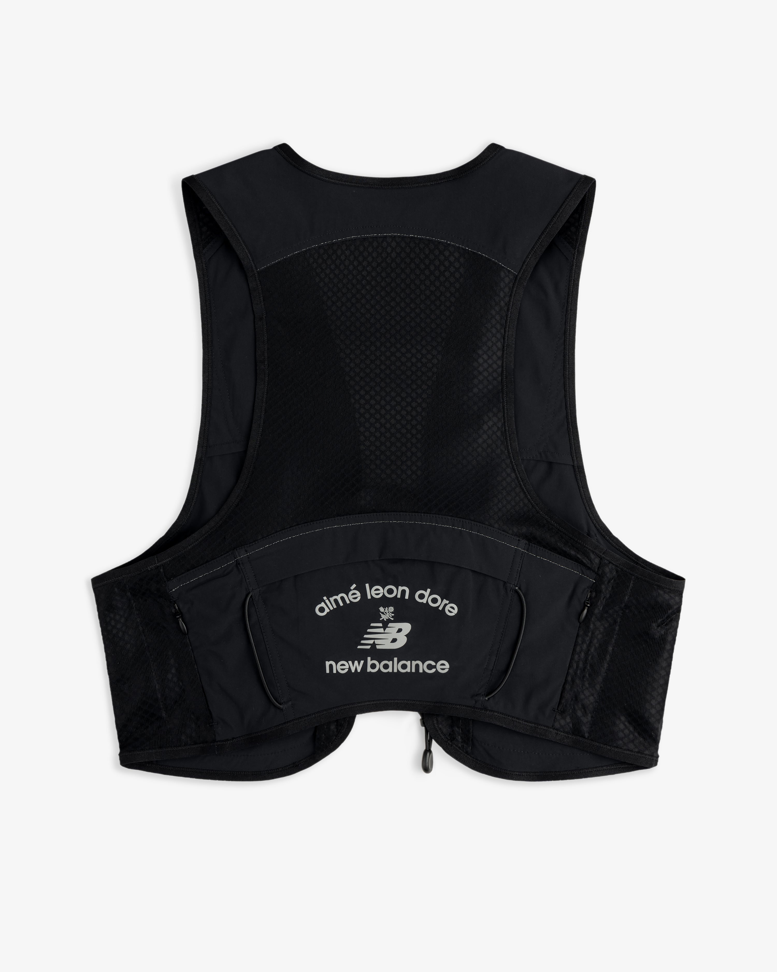 The ALD / New Balance Hydrovest is a black mesh utility vest with a zip pocket and co-branded logos on the back.