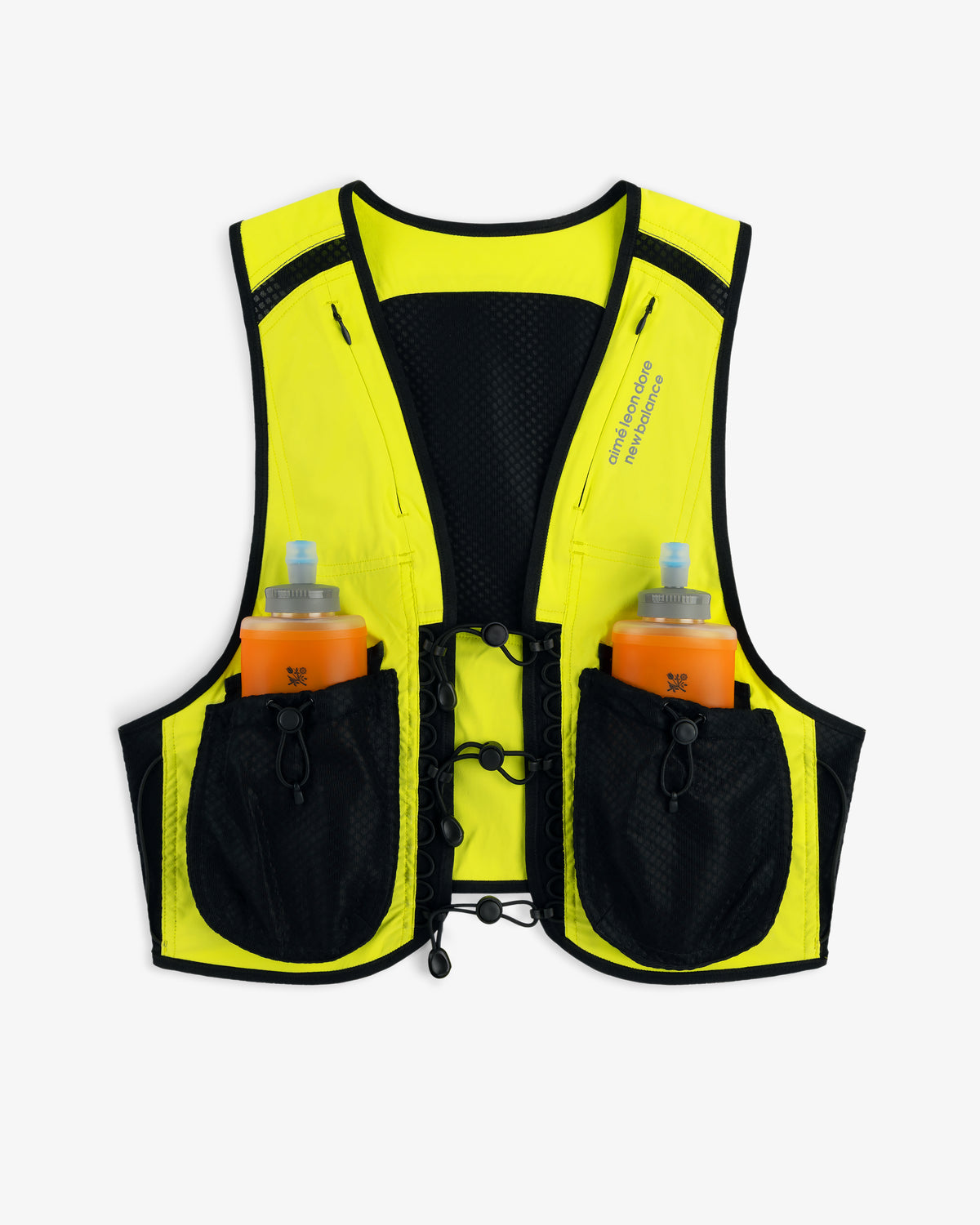ALD / New Balance Hydrovest: bright yellow with black trim, two front pockets hold orange sports drink bottles.