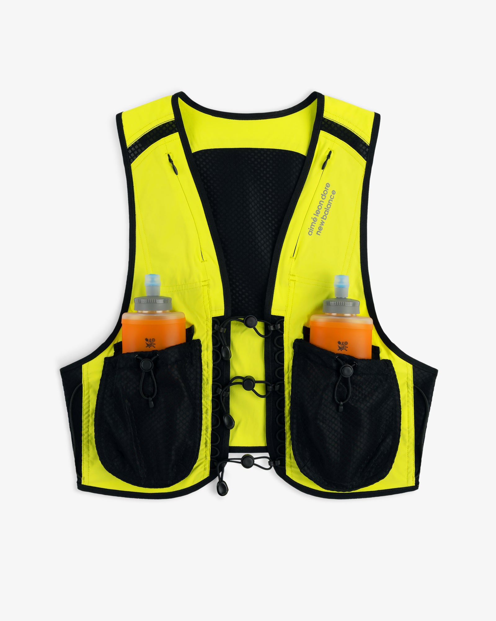ALD / New Balance Hydrovest: bright yellow with black trim, two front pockets hold orange sports drink bottles.