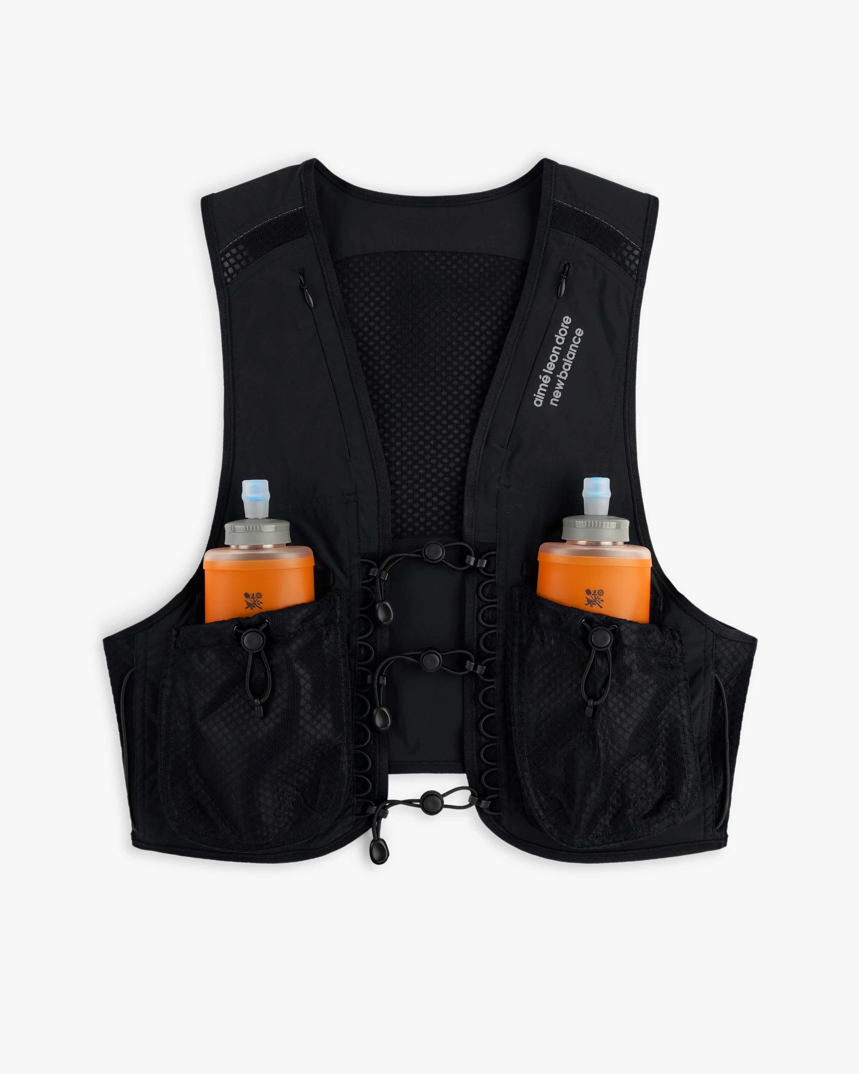 ALD / New Balance Hydrovest in black features two front pockets, each with an orange water bottle and blue cap.