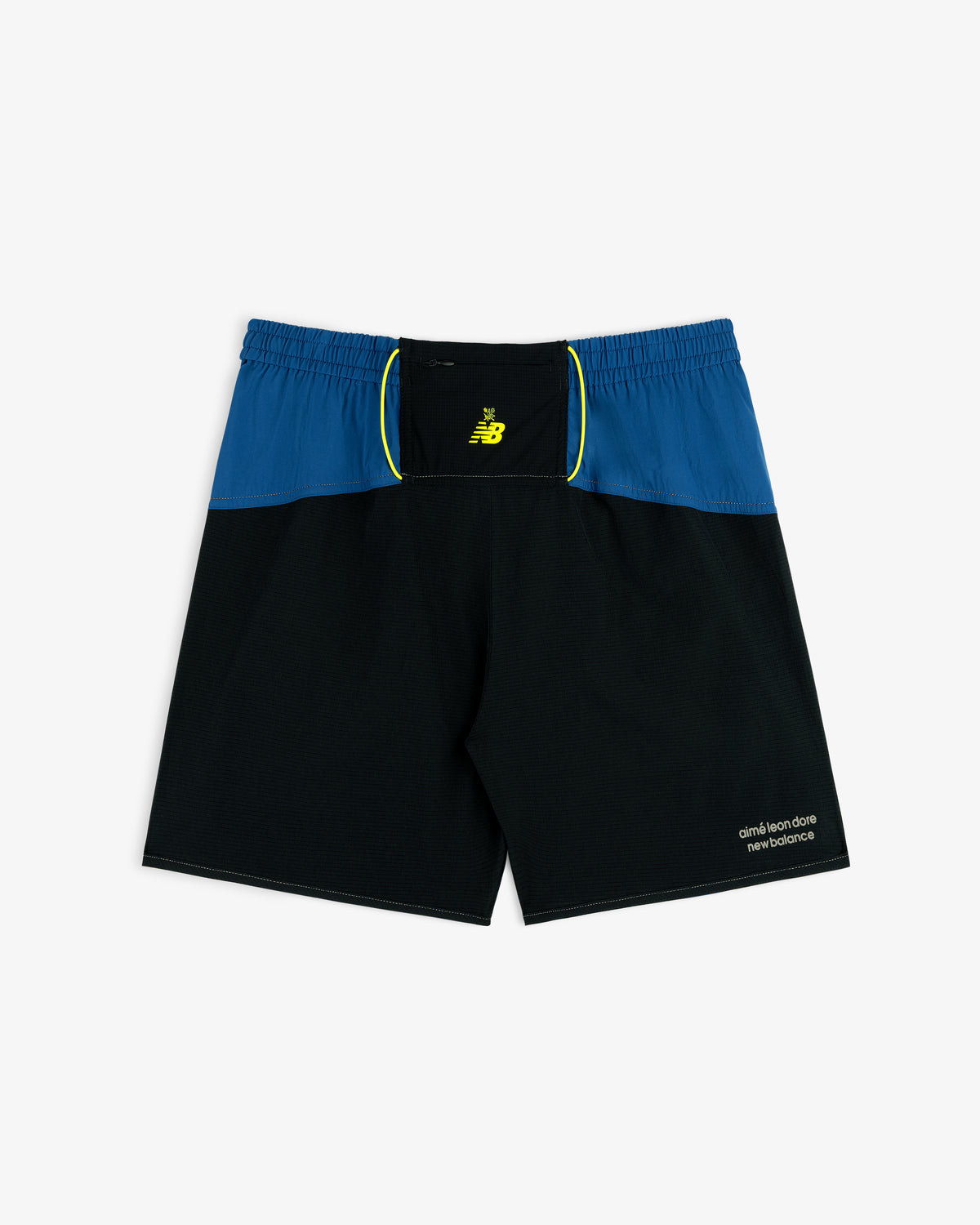 ALD / New Balance Performance Lightweight Running Short in black and blue with yellow logo and “Aimé Leon Dore” text.