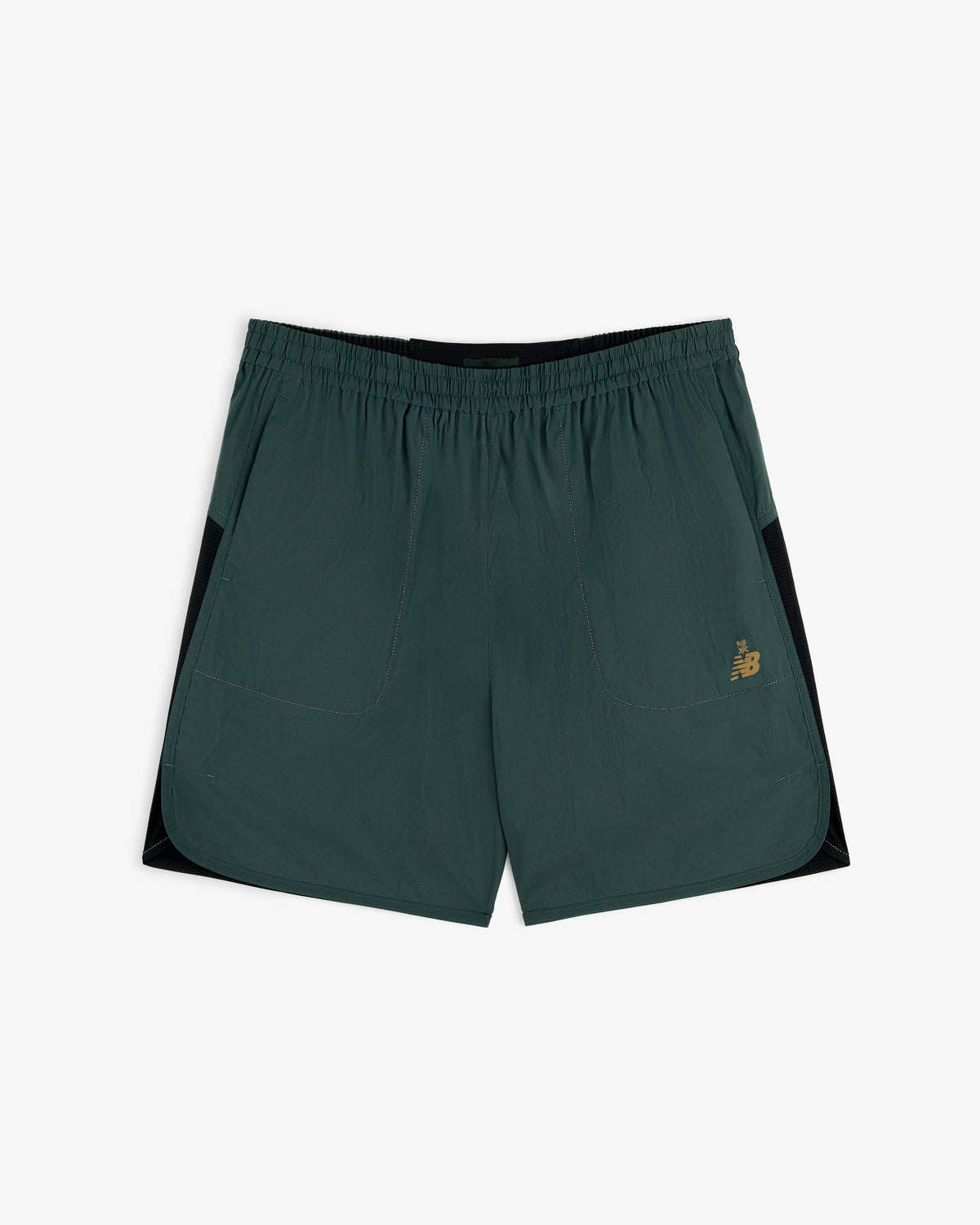 ALD / New Balance Performance Lightweight Running Short in dark green with black panels, pockets, and yellow logo.