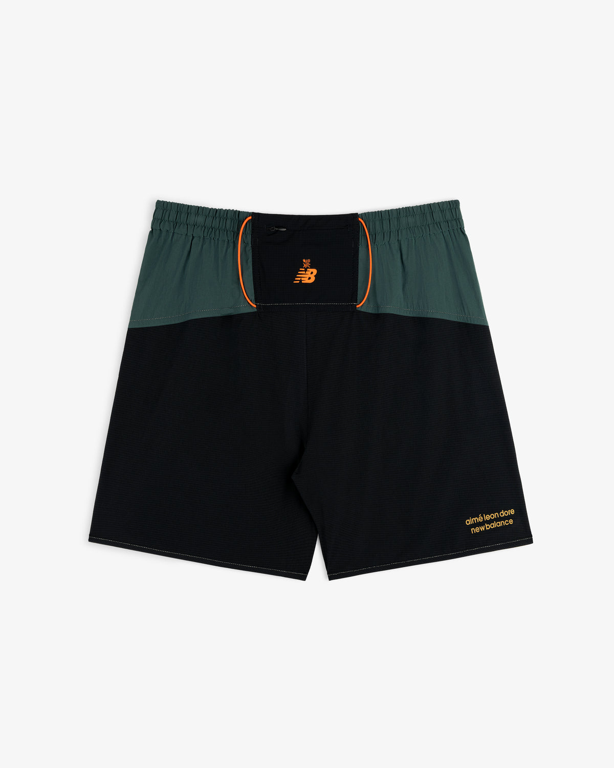 ALD / New Balance Performance Lightweight Running Short with green waistband and orange accents, logo on front.