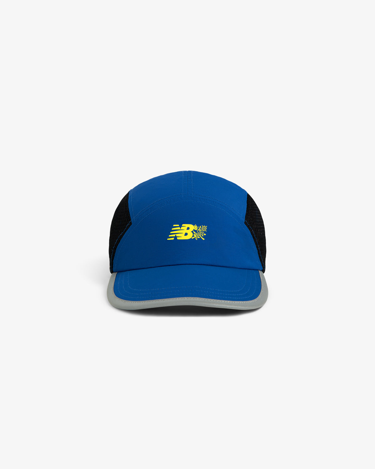 Front view of the ALD / New Balance Mesh Sport Hat in blue and black with a yellow logo on a white background.
