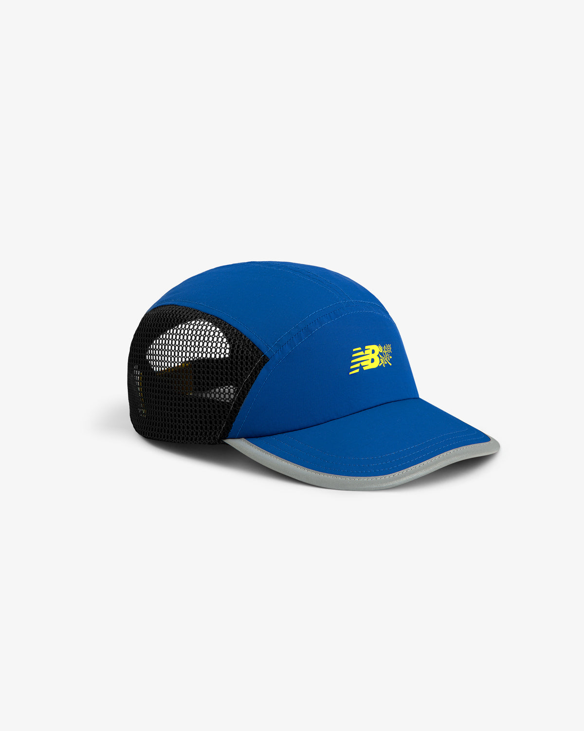 ALD / New Balance Mesh Sport Hat in blue with black mesh sides, gray brim edge, and yellow NB logo on front.