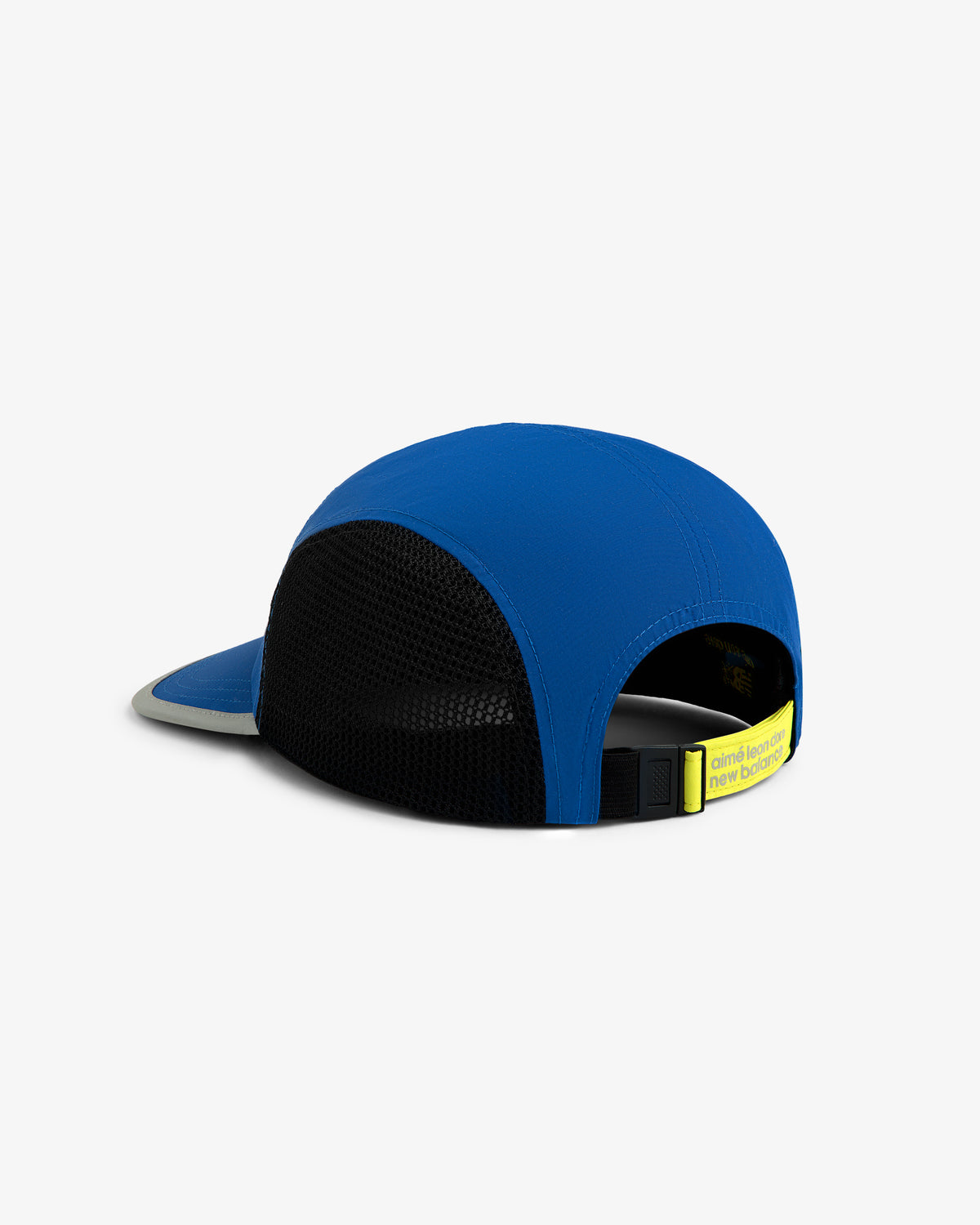 ALD / New Balance Mesh Sport Hat in blue and black shown from the back with a yellow adjustable strap and buckle.