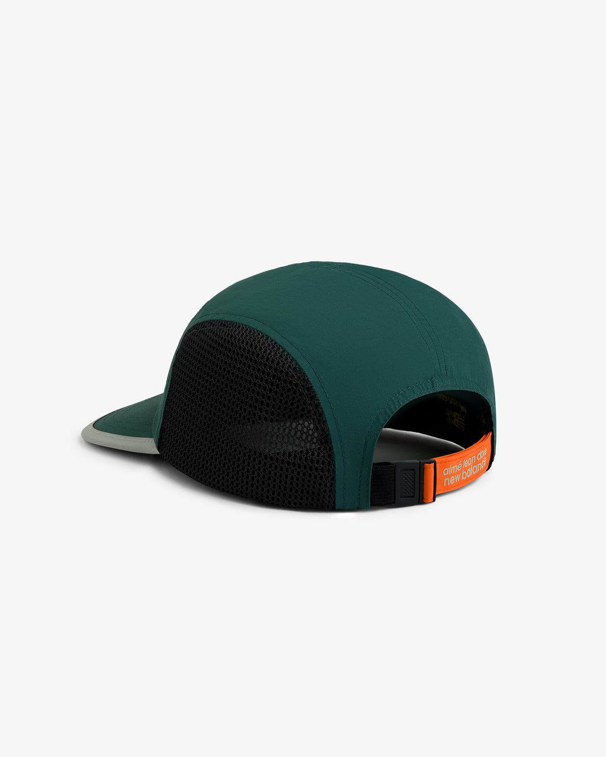 The ALD / New Balance Mesh Sport Hat in green and black with an orange strap is displayed from the back.