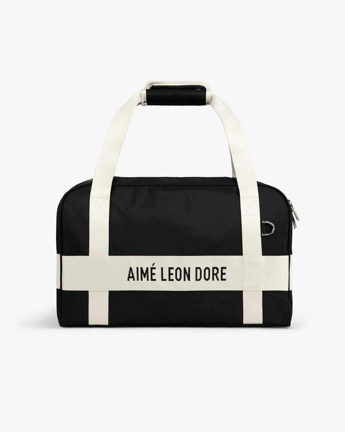 Nylon Duffle Bag with white handles and AIMÉ LEON DORE white strap, shown against a white background.