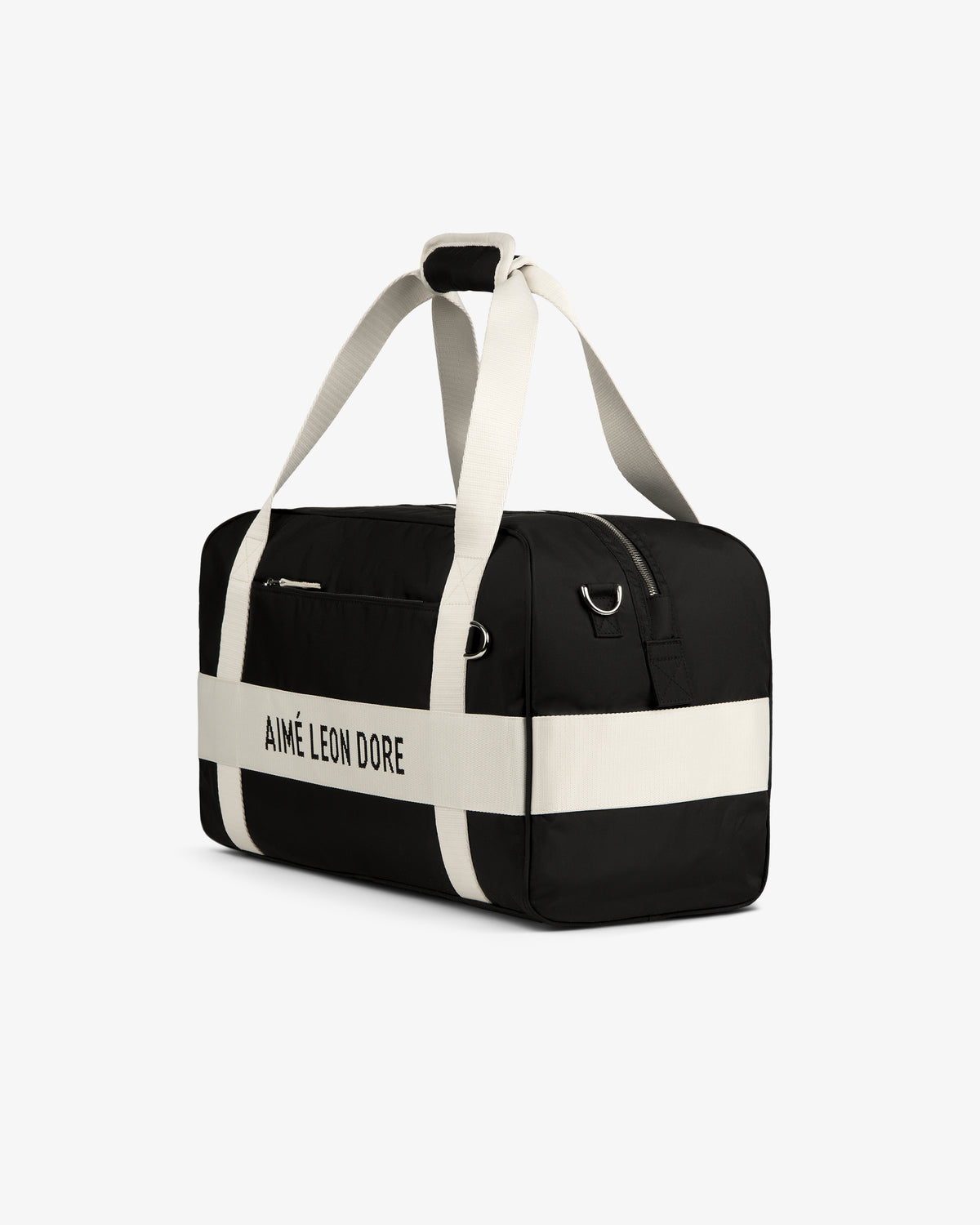 Black Nylon Duffle Bag by Aimé Leon Dore with white straps and logo, displayed on a white background.