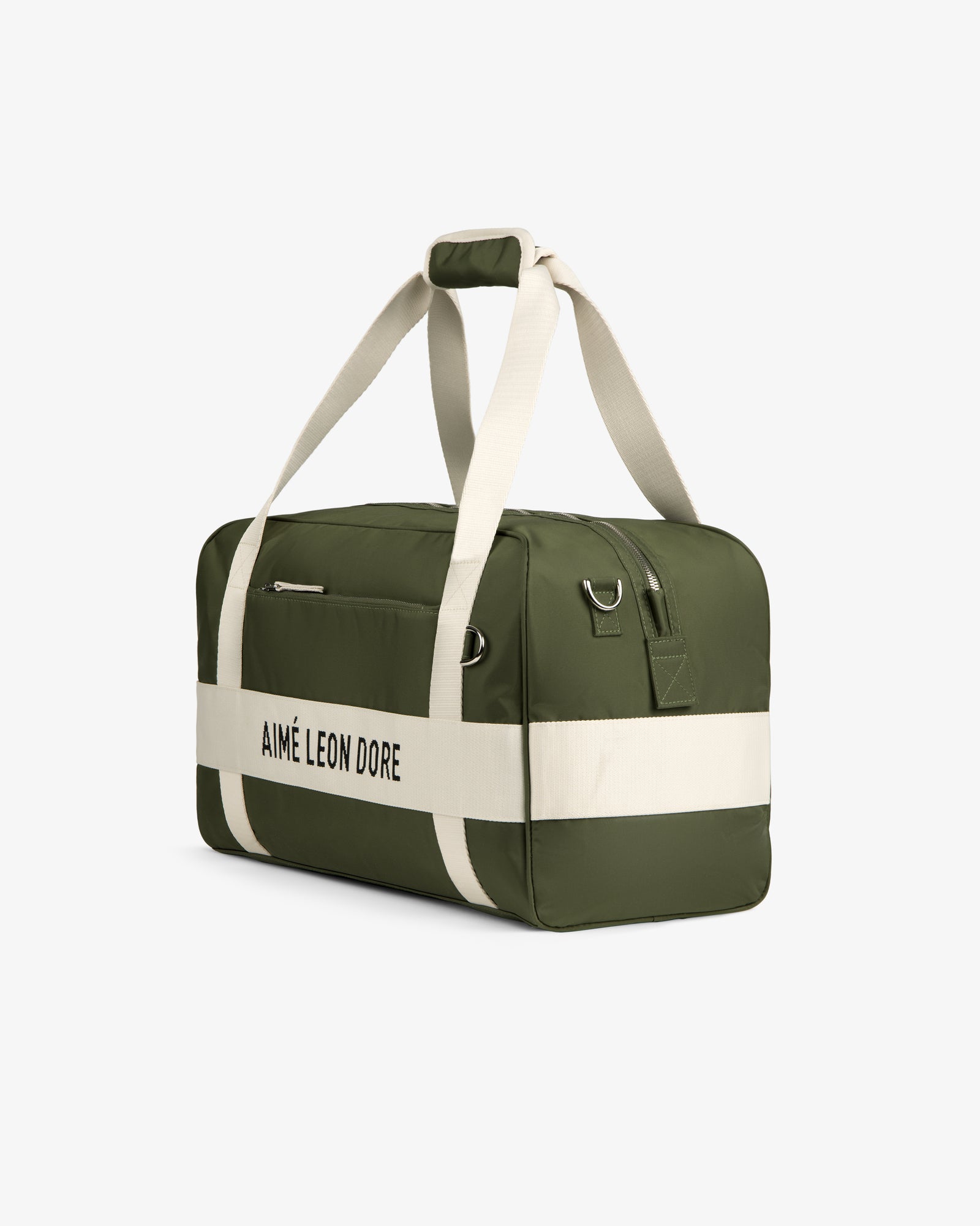 Olive green and cream Nylon Duffle Bag with AIMÉ LEON DORE text and cream handles, shown on a white background.