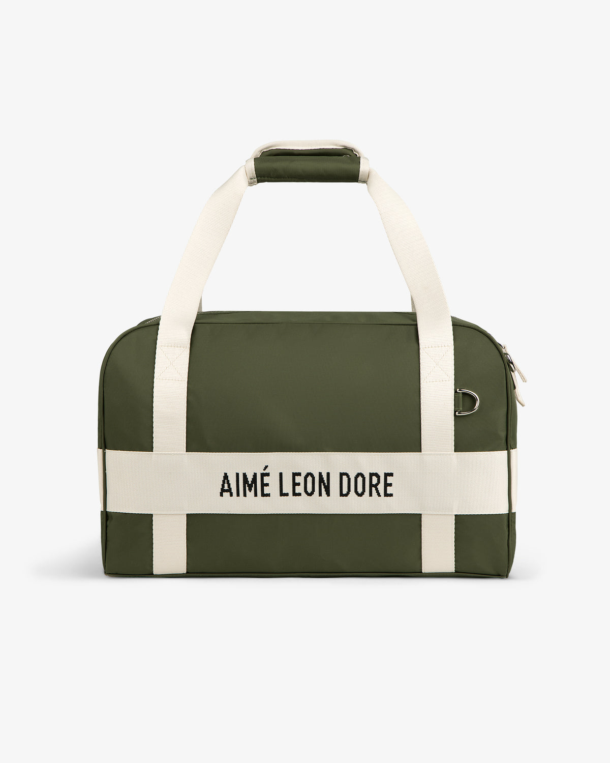 Nylon Duffle Bag in olive green with white handles and AIMÉ LEON DORE printed in black on the front.