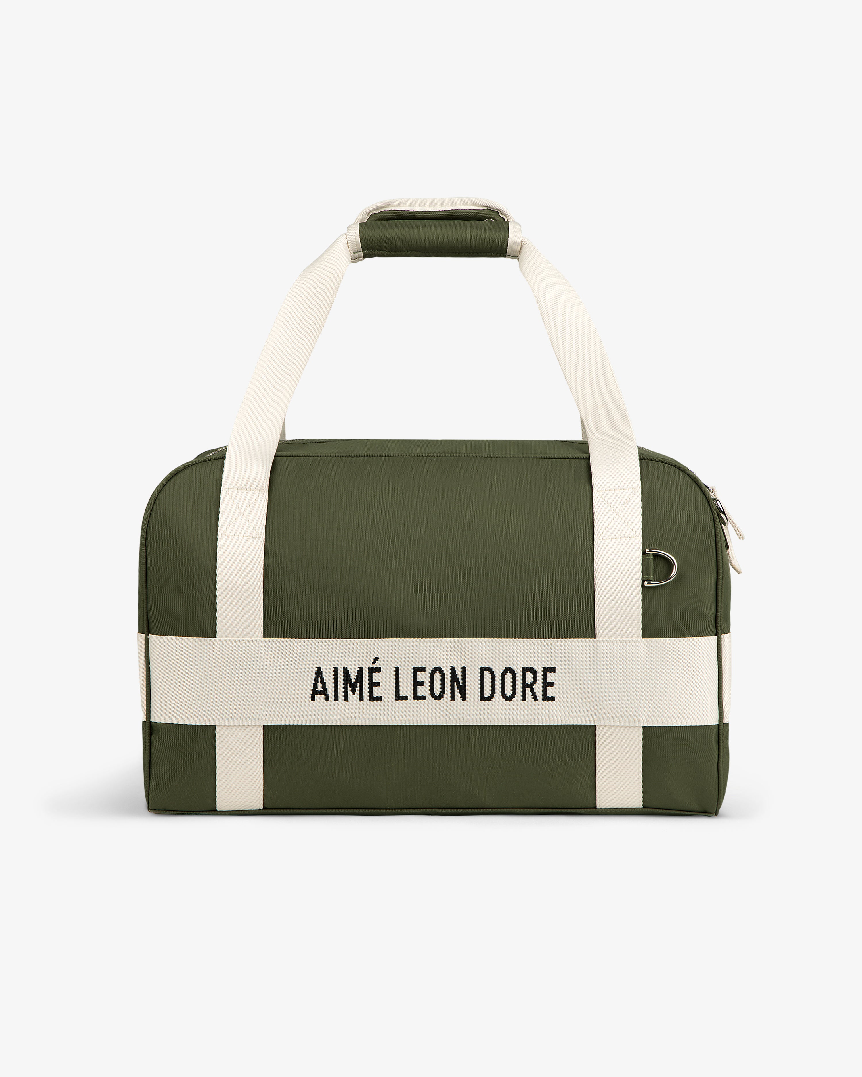 Nylon Duffle Bag in olive green with white handles and AIMÉ LEON DORE printed in black on the front.