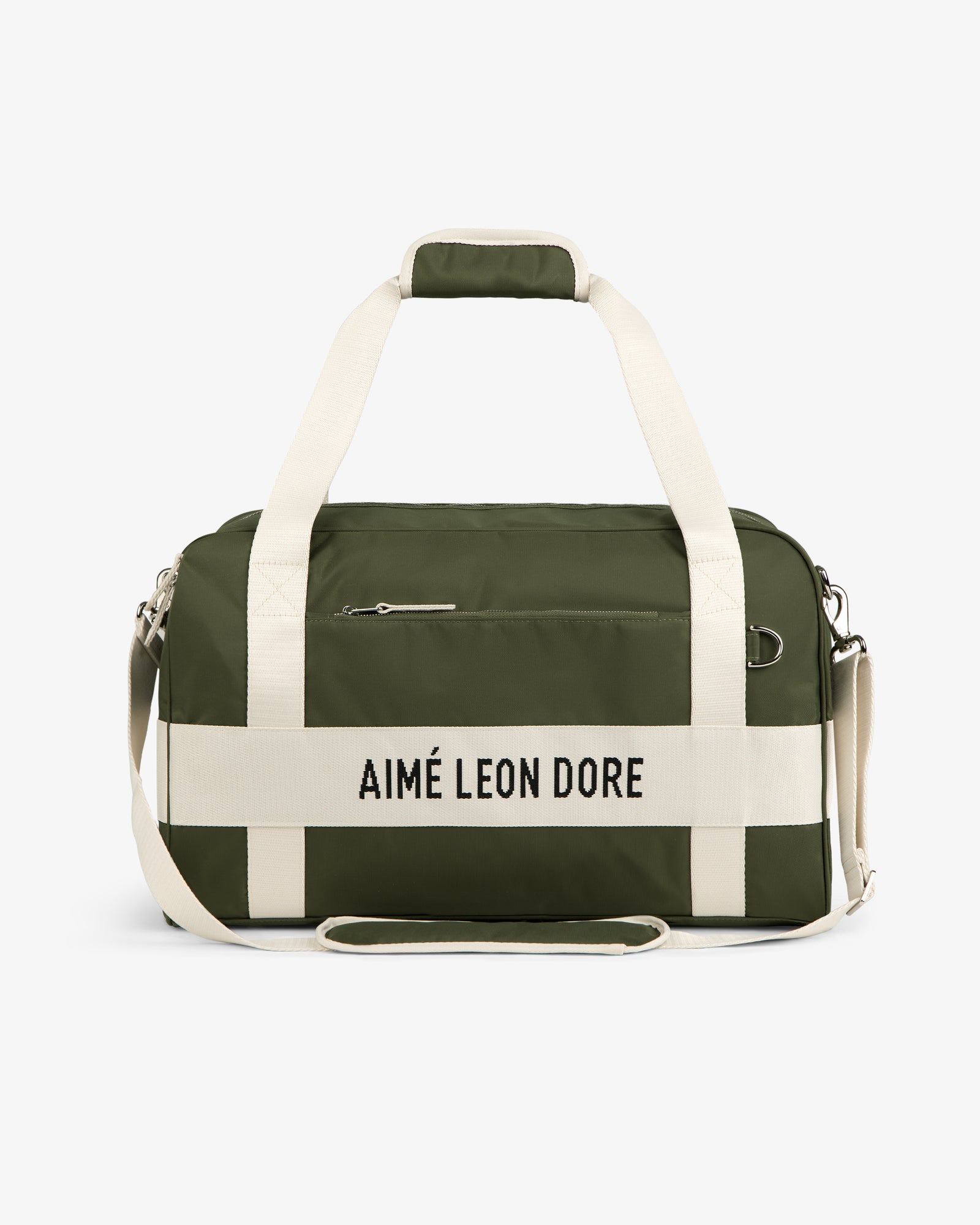 Olive green Nylon Duffle Bag with cream handles and strap, featuring AIMÉ LEON DORE text on the front.