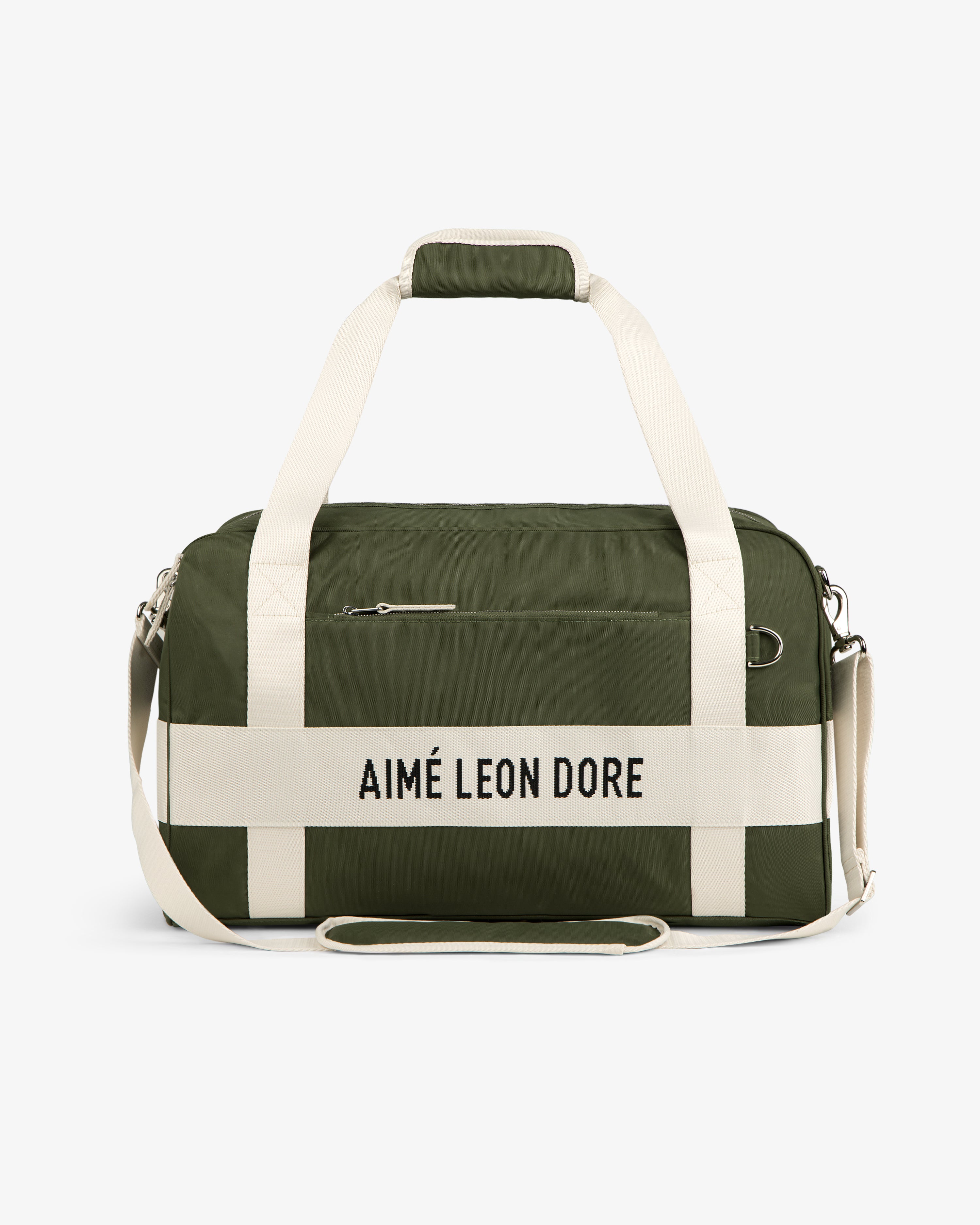 Olive green Nylon Duffle Bag with cream handles and strap, featuring AIMÉ LEON DORE text on the front.