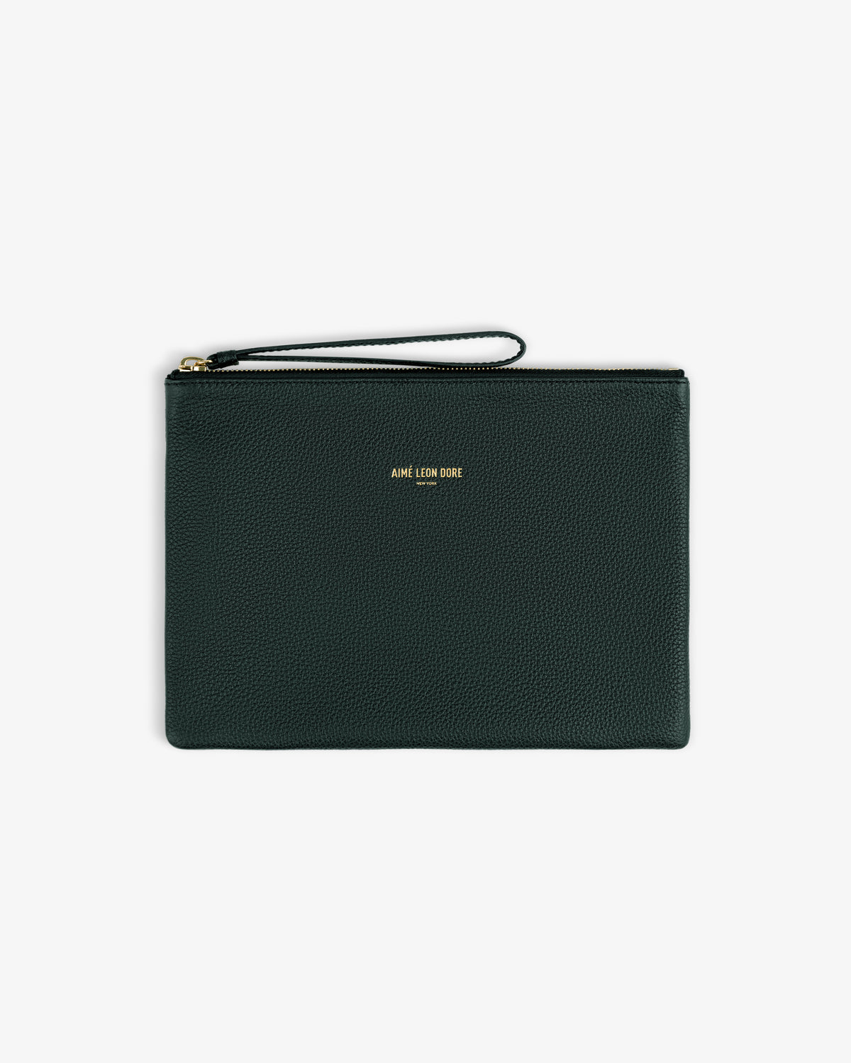 Small Leather Pouch in dark green leather with wrist strap and gold AIMÉ LEON DORE text at the center.