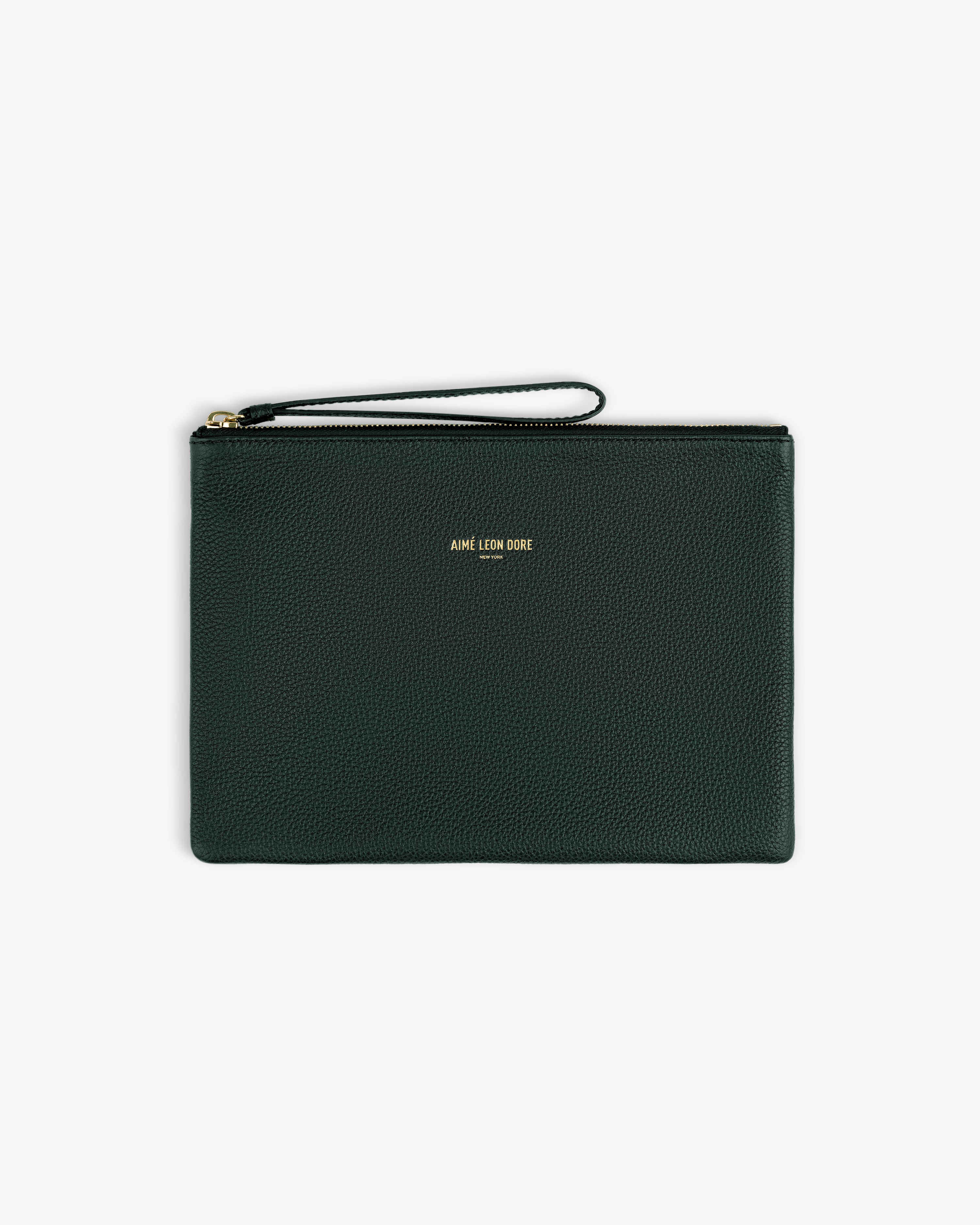 Small Leather Pouch in dark green leather with wrist strap and gold AIMÉ LEON DORE text at the center.