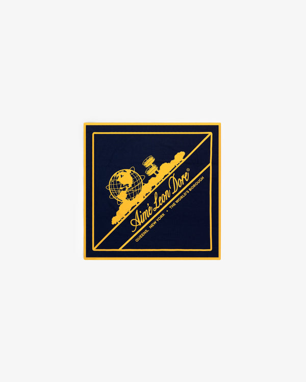 Navy blue and yellow Unisphere Bandana with Aimé Leon Dore and globe graphic on the front.