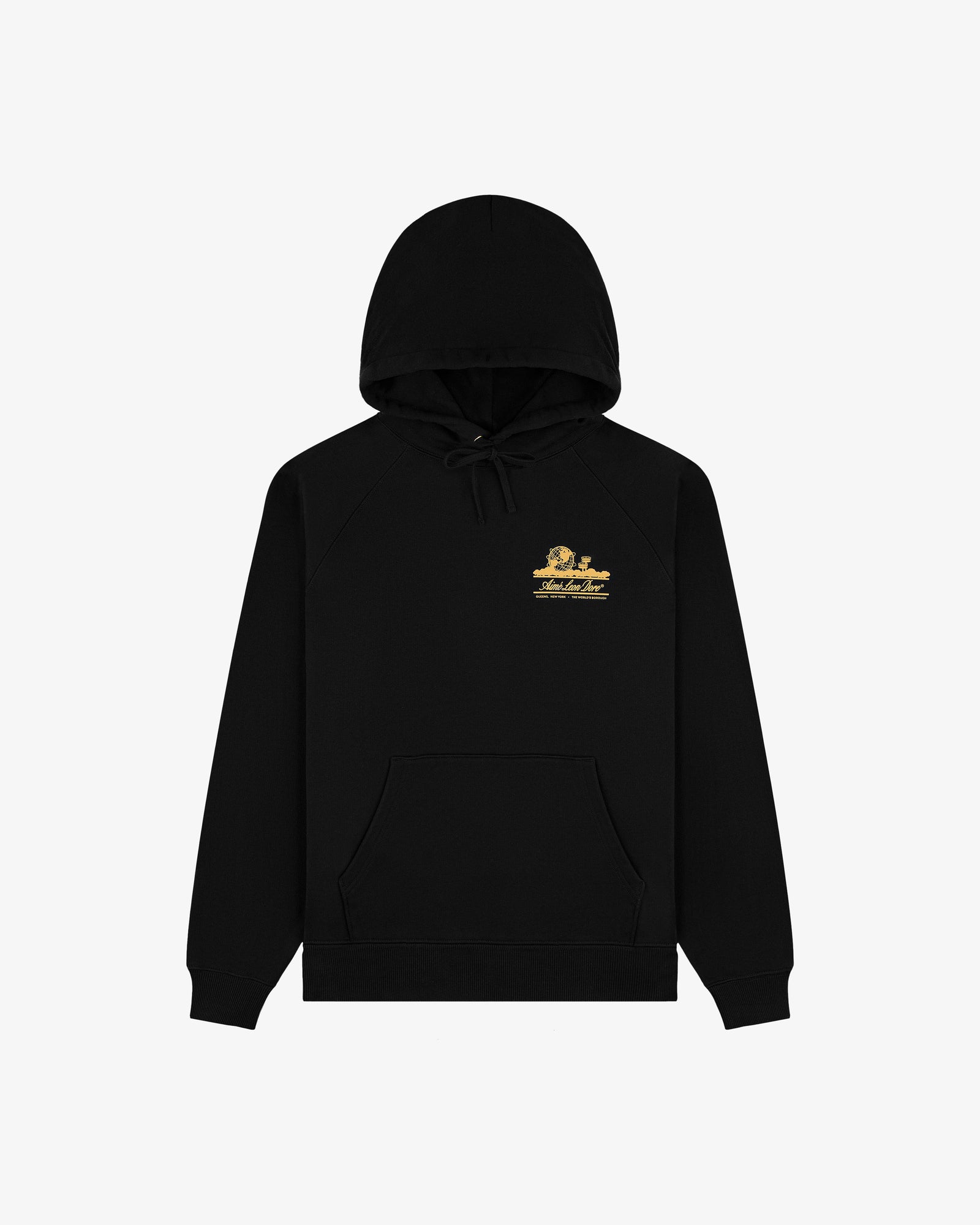 Unisphere Hoodie in black with a small gold graphic and text on left chest, shown on a white background.