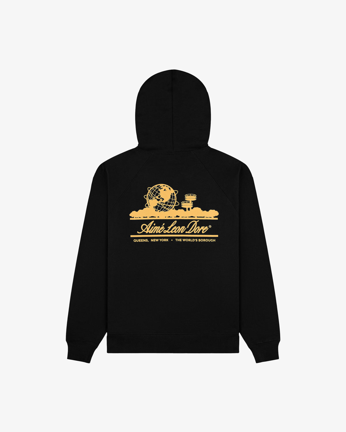 Unisphere Hoodie: Black hoodie with yellow graphic of Unisphere, NYC landmarks, and Aimé Leon Dore text.