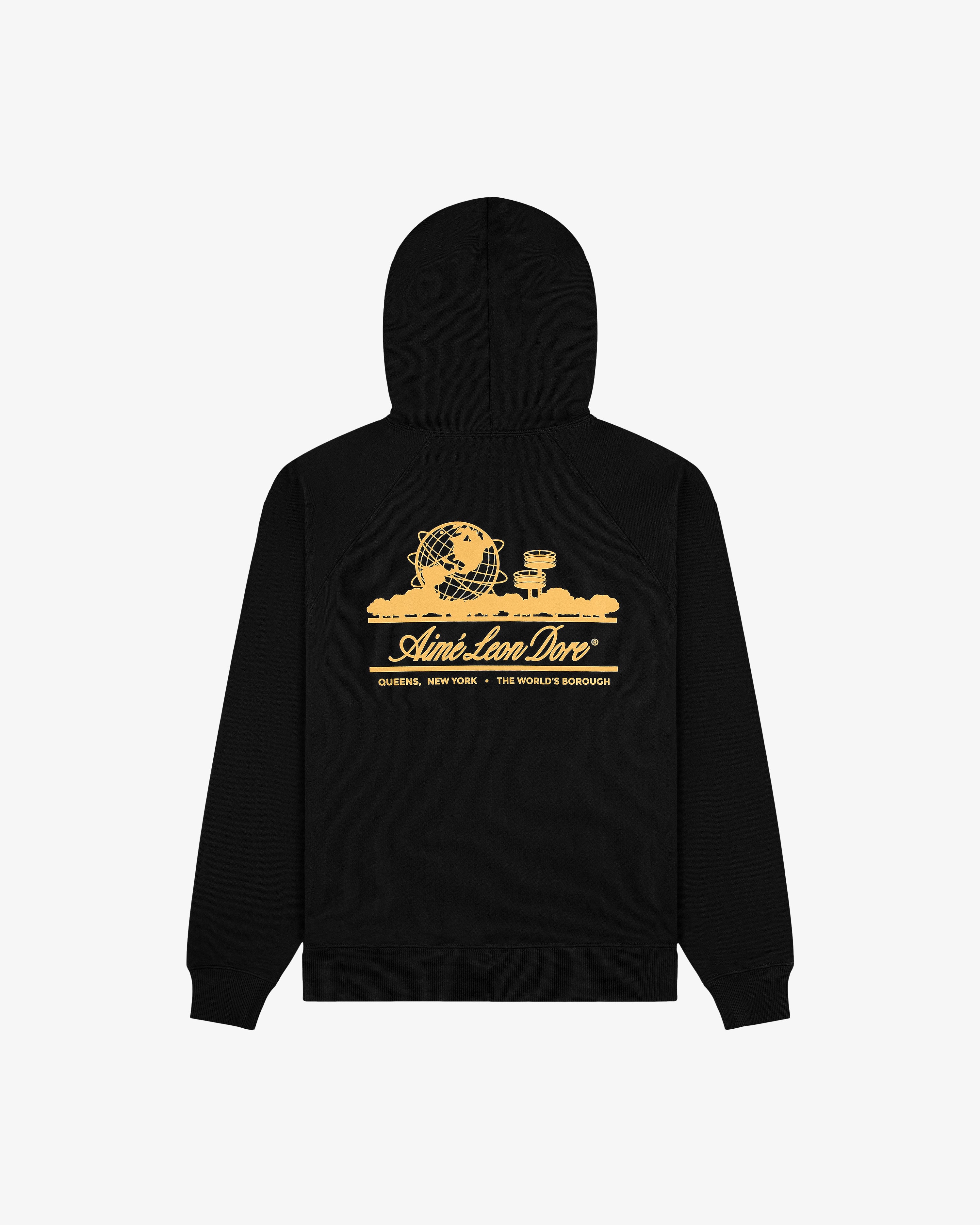 Unisphere Hoodie: Black hoodie with yellow graphic of Unisphere, NYC landmarks, and Aimé Leon Dore text.