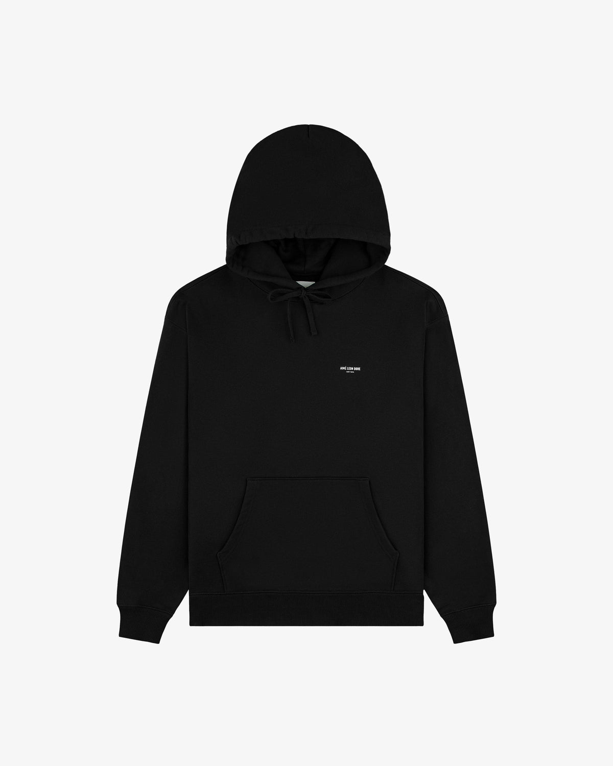 Micro Logo Hoodie in black with a front pocket and small white chest text logo, displayed on a plain white background.