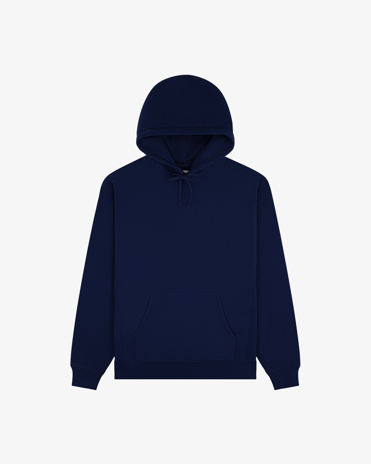 Tonal Logo Hoodie in navy blue with drawstring hood, front pocket, and ribbed cuffs on a white background.